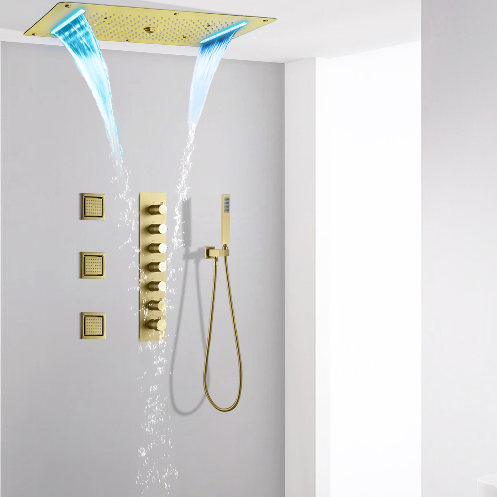 Luxo escovado ouro banheiro escondido sistema de chuveiro led cachoeira chuva torneira do chuveiro spray coluna massagem conjunto