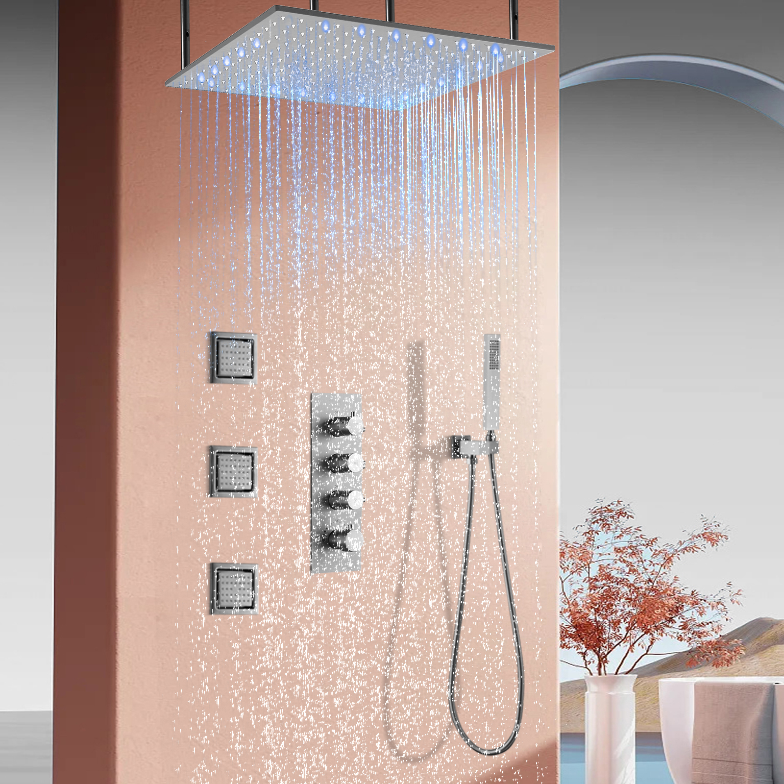 Torneira de chuveiro de chuva escovada, 50x50cm, preto, dourado, montado na parede, conjunto de chuveiro de três funções com spray lateral, cabeça de chuveiro de massagem