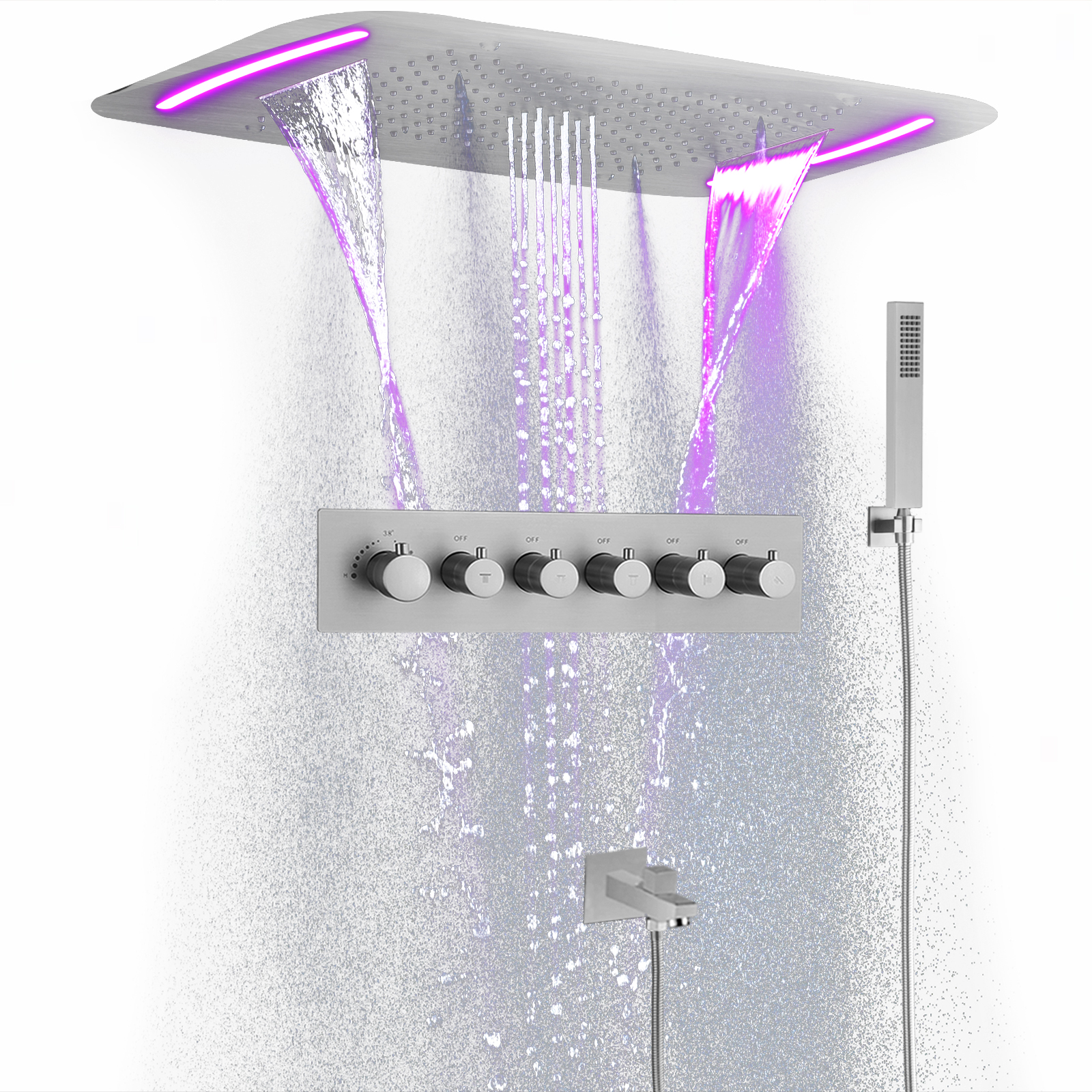 Níquel escovado 71x43cm LED Chuveiro de temperatura constante Cabeça de dragão Kit de sistema de chuveiro de pilar de chuva de teto