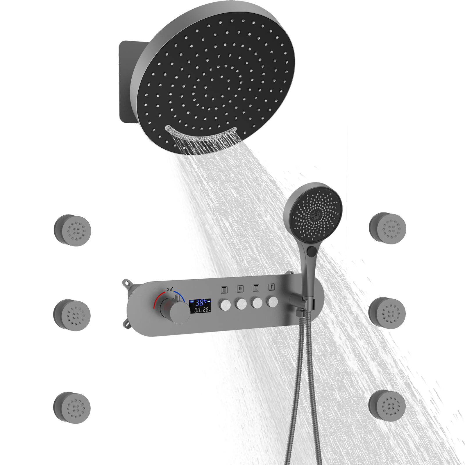 Arma cinza botão quatro funções cachoeira sistema de banho quarto torneira água misturador chuveiro terno