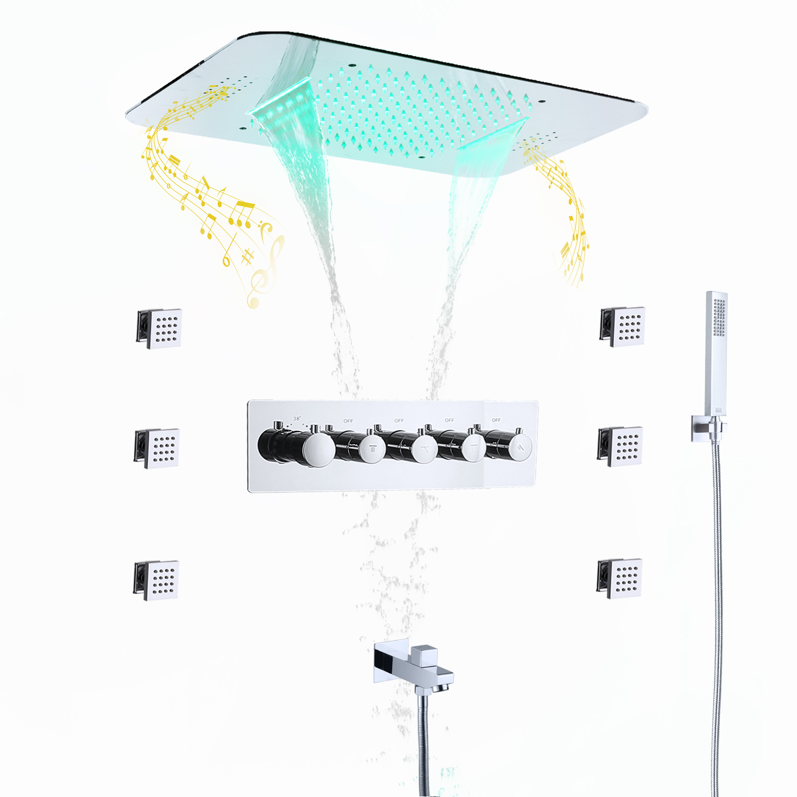 Sistema de chuveiro com cabeça de LED musical 23 * 15 polegadas Conjuntos de banho e chuveiro termostático de chuva e cachoeira para banheiro