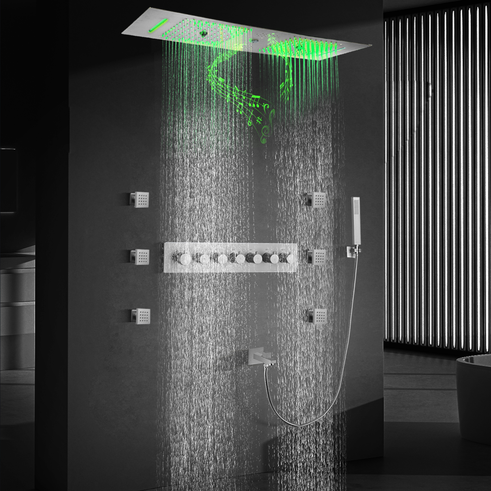 Conjunto de chuveiro LED de chuva estilo contemporâneo em mosaico escovado com cabeça de chuveiro musical