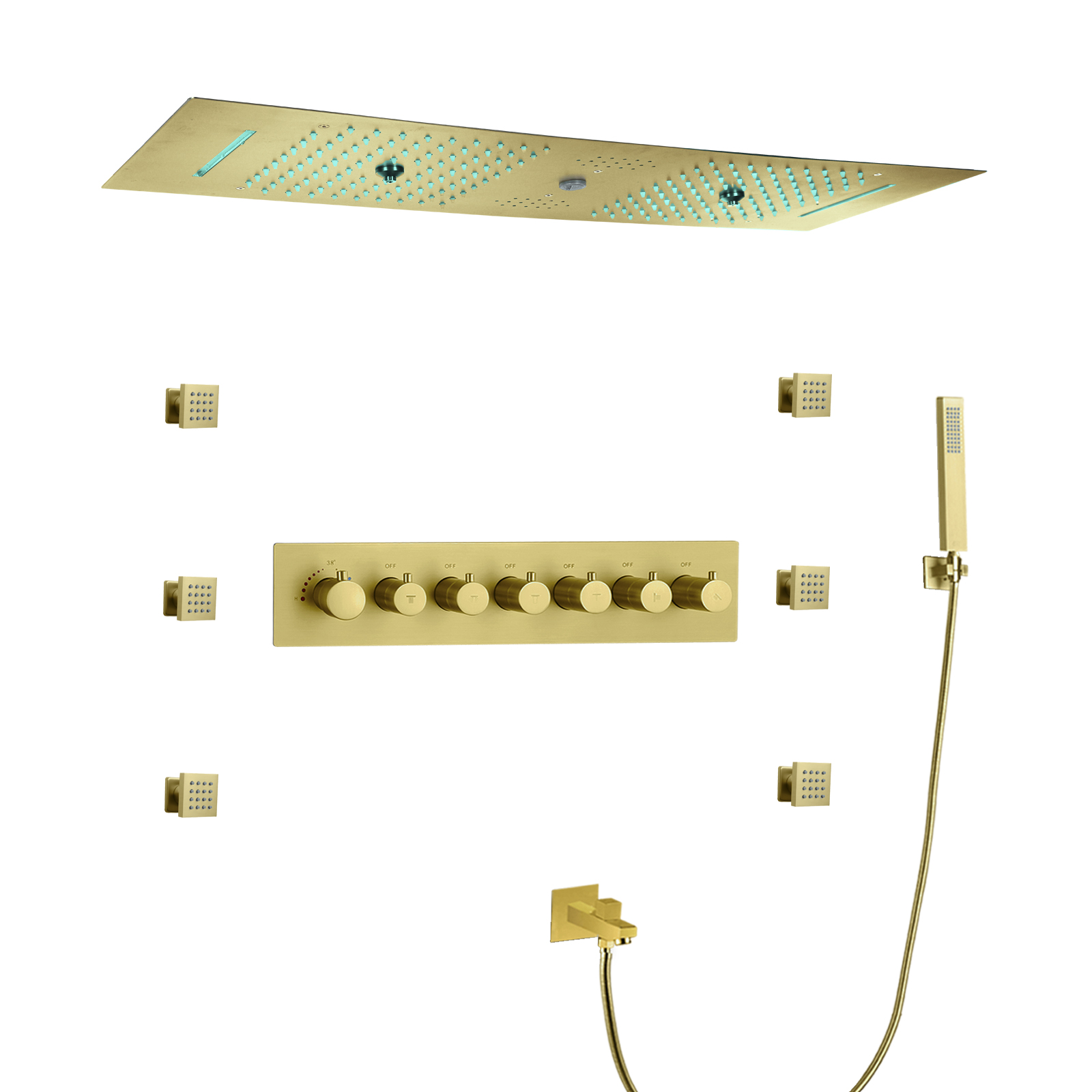 Cabeça de chuveiro led dourada escovada, com alto-falante musical, chuveiro duplo, teto embutido, banheiro, conjunto de torneira termostática