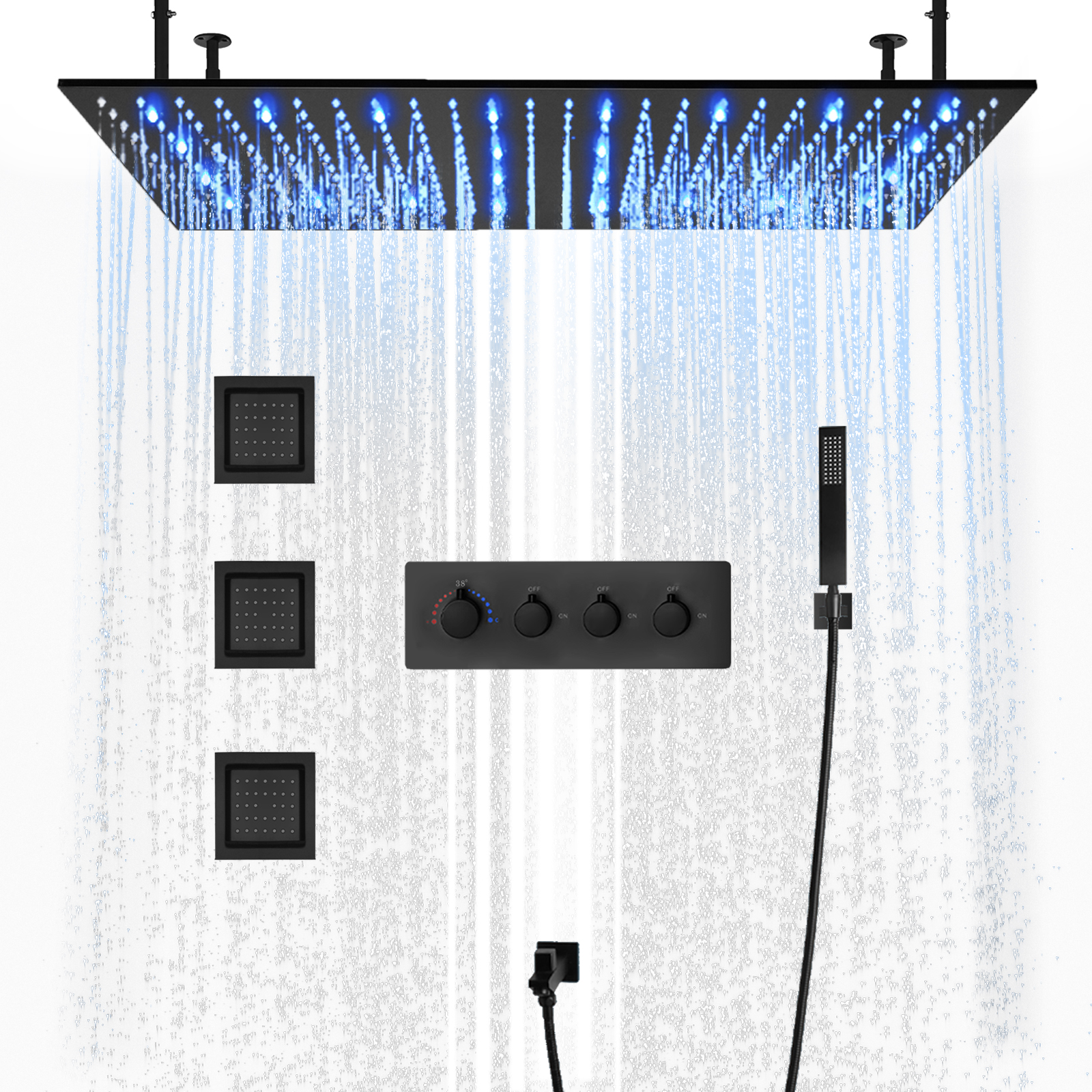 Montado na parede de latão preto fosco 100x50cm sistema de cabeça de chuveiro de chuva de quatro funções kit de chuveiro de LED para banheiro