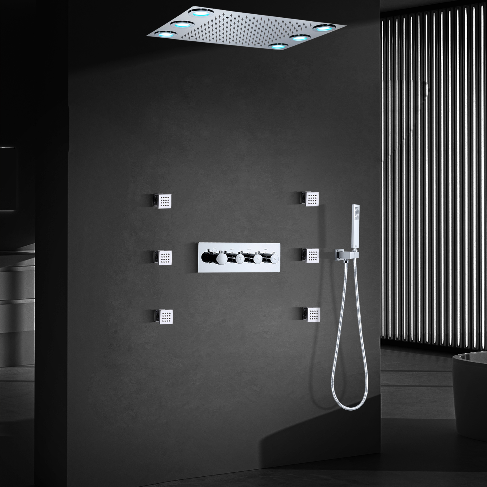 Chuveiro de banheiro de latão, torneira de chuveiro LED cromada, termostato oculto, conjunto de chuveiro de banheira