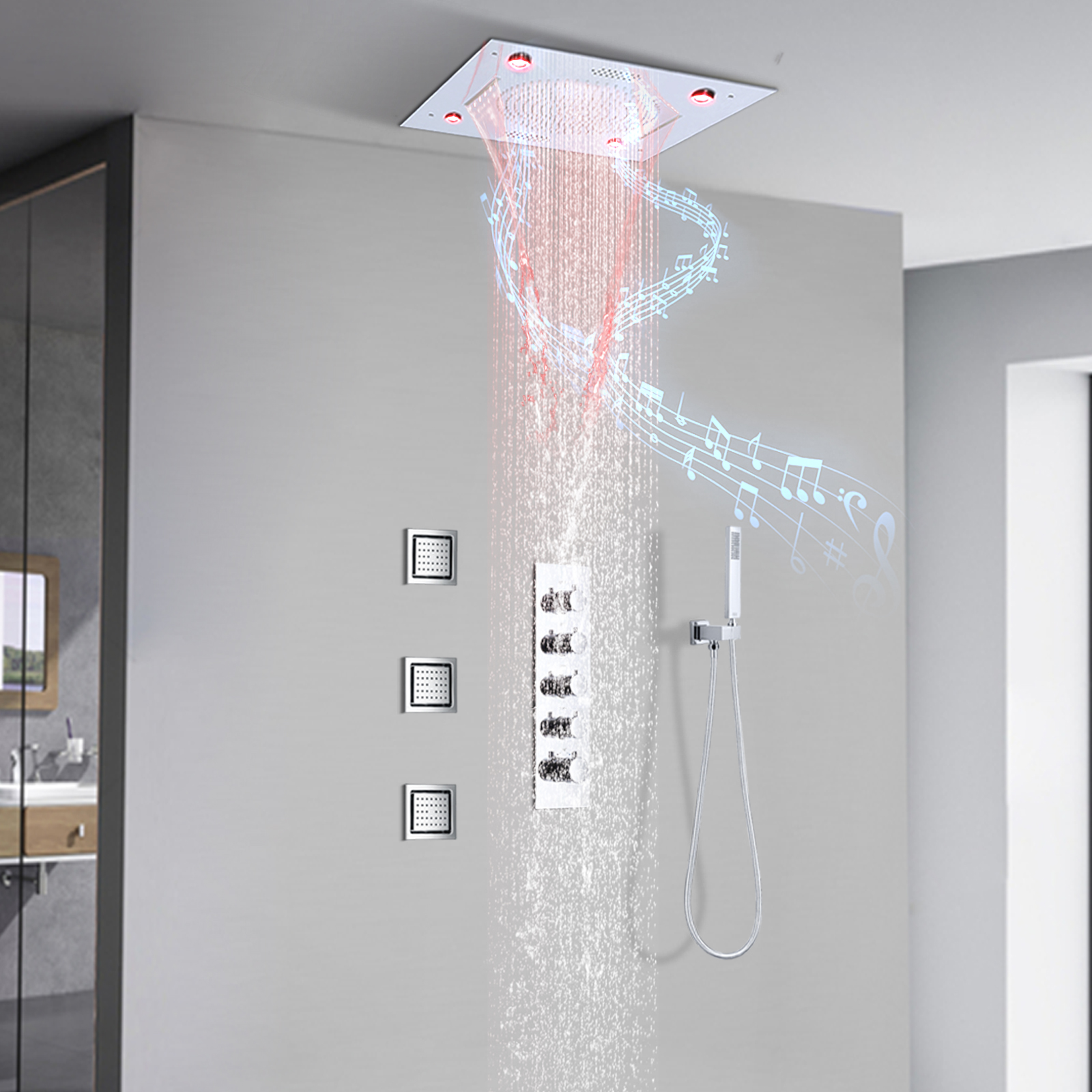 Conjunto de chuveiro cromado com sistema de torneira e termostato de música LED Conjunto de chuveiro de parede de latão
