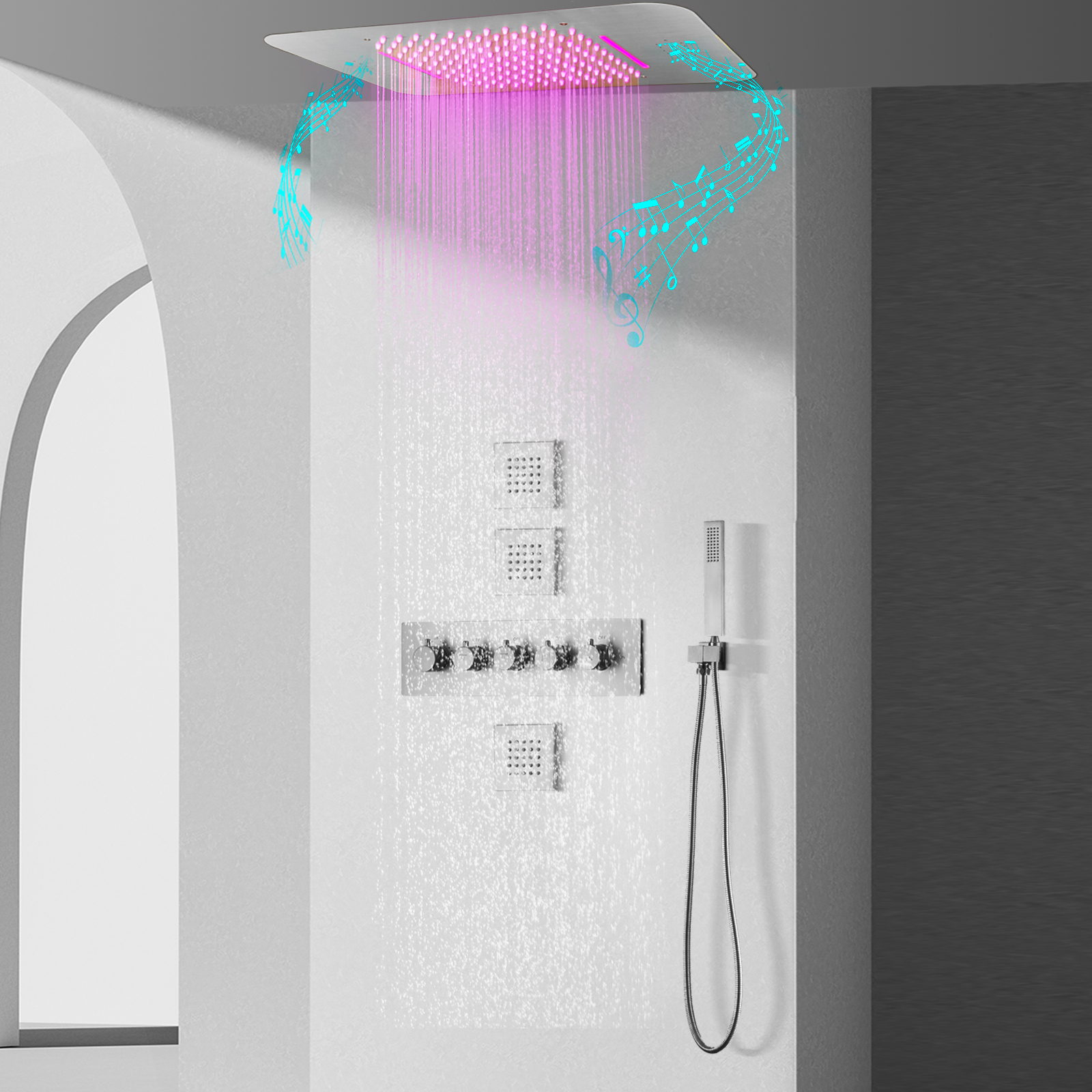 Torneira de chuveiro de música LED suspensa, termostato de banheiro, kit de latão oculto, conjunto de chuveiro de chuva