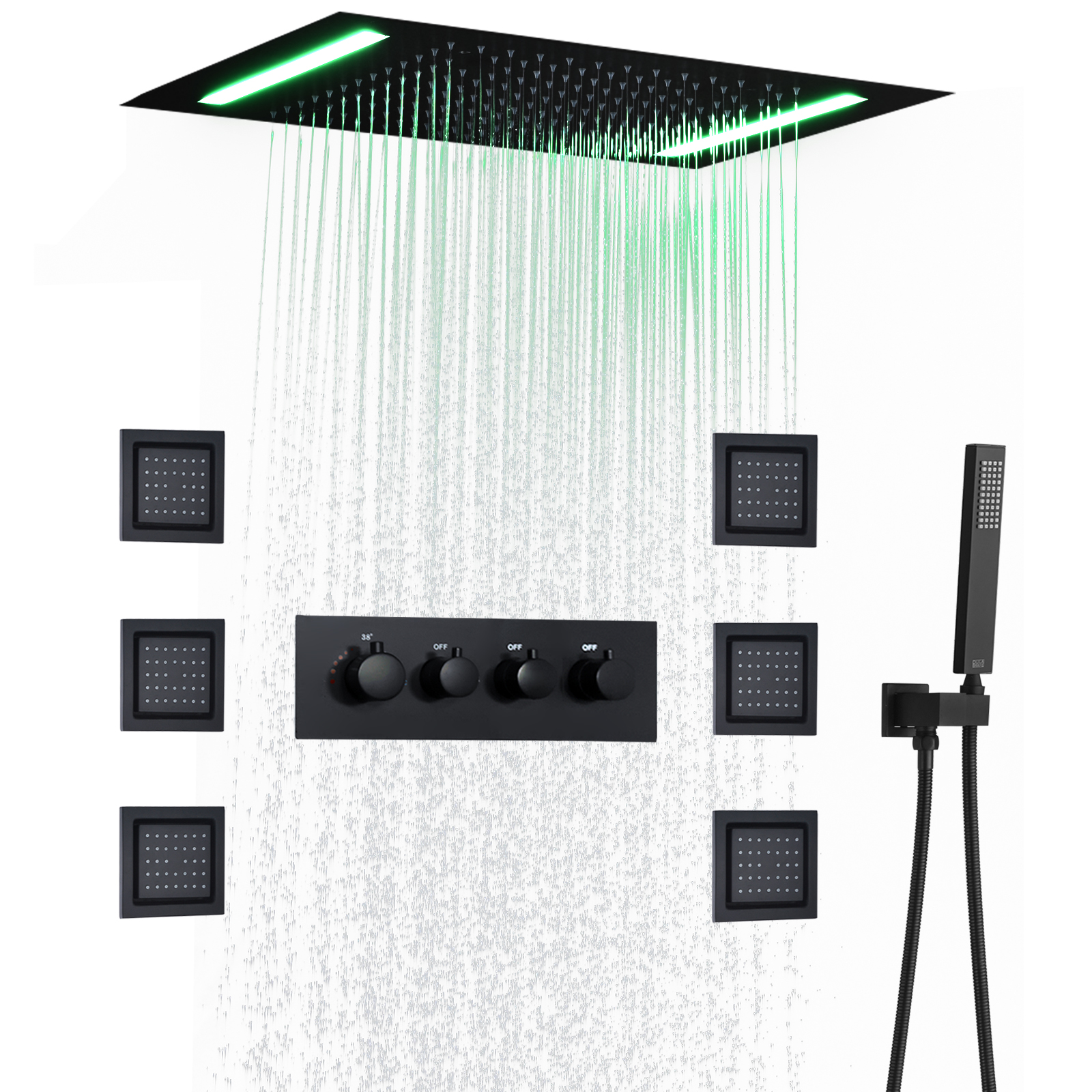 Preto fosco 50x36cm banheiro led escuro vestir cabeça de chuveiro e torneira suíte multi-função chuveiro de água da chuva massagem spa conjunto