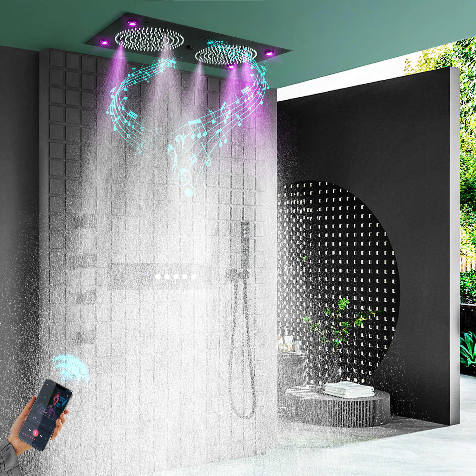 Conjunto de sistema de chuveiro preto mattic, 24,5x12,5 polegadas, banheiro, led, água da chuva, cabeça de chuveiro, latão e luxuoso, pulverizador de torneira de água quente