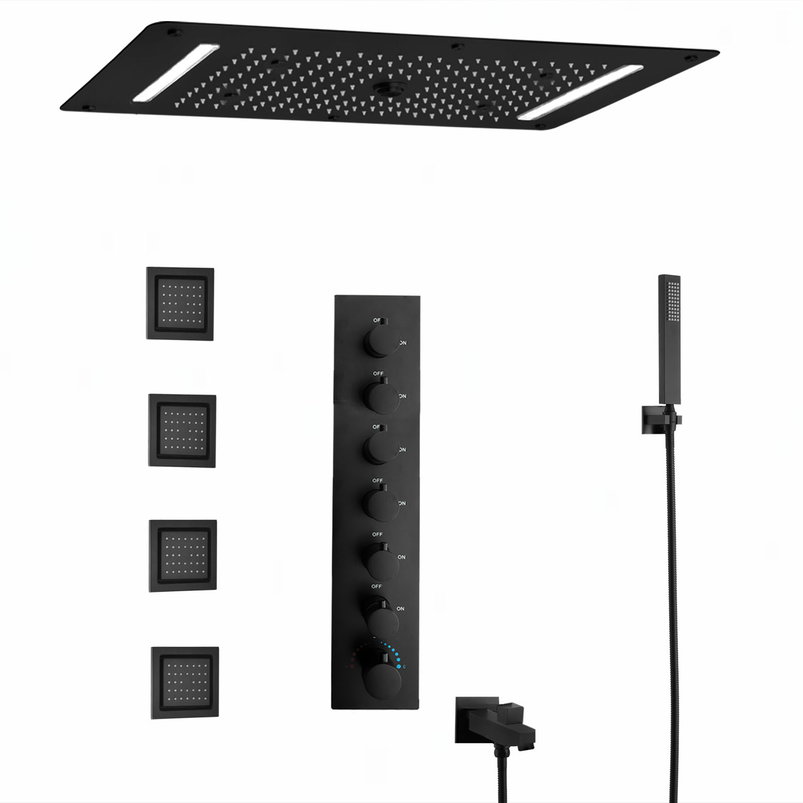 Kit de chuveiro preto fosco multifuncional, misturador de temperatura constante embutido em LED, chuveiro, banheiro, torneira de latão