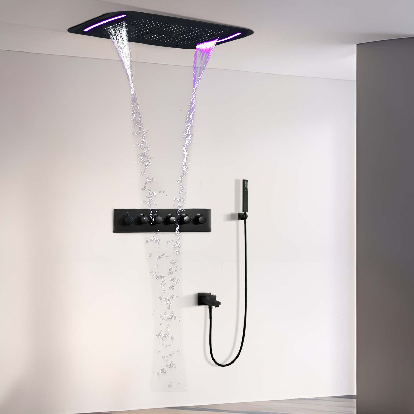 Conjunto de sistema de chuveiro LED preto de 71x43cm com teto grande massagem temperatura constante cachoeira cabeça de chuveiro de água de chuva torneira misturadora