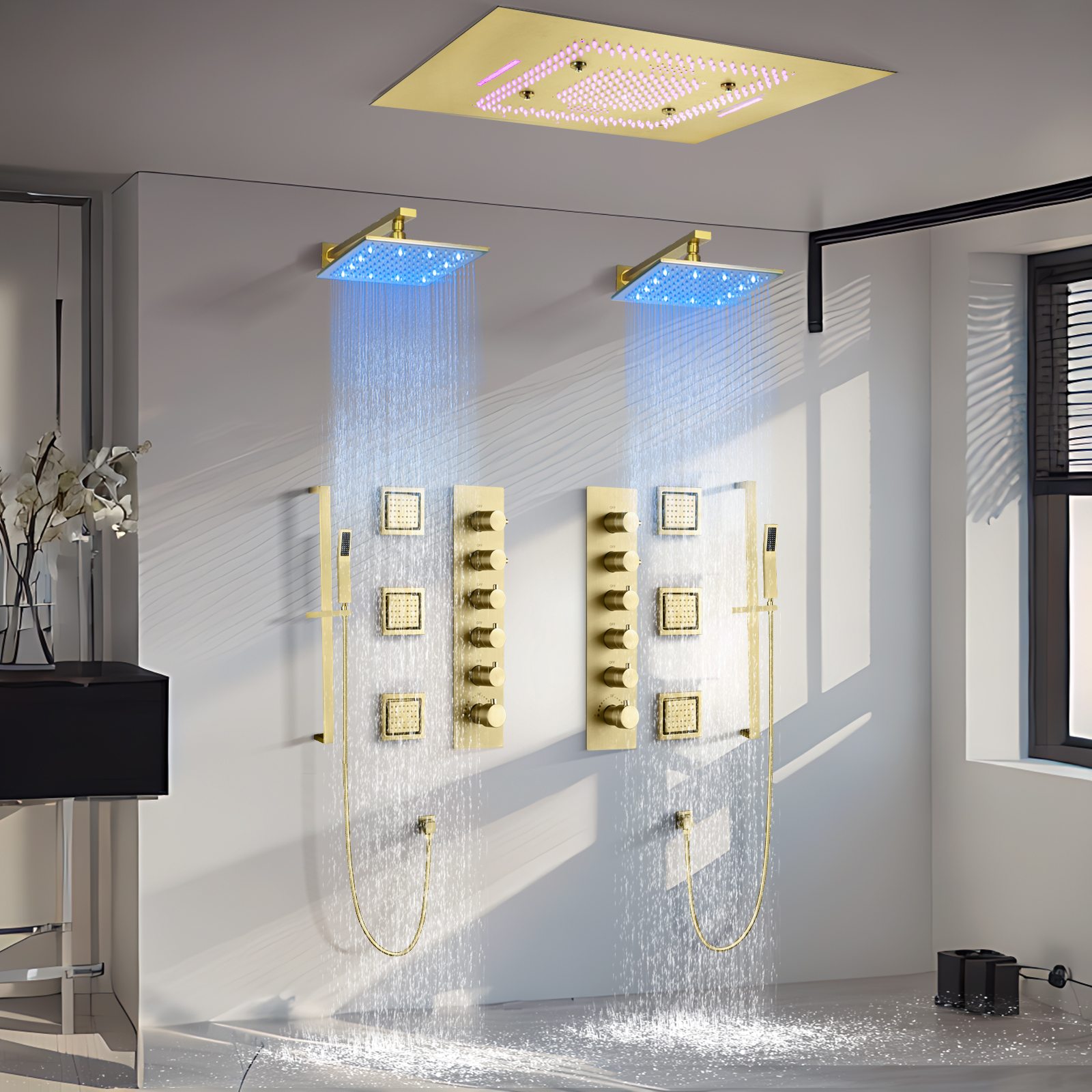 Conjunto de chuveiro multifuncional dourado com painel de chuveiro musical LED de temperatura constante por atacado