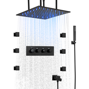 Sistema de chuveiro de chuva montado na parede, 50x50cm, com spray corporal, LED, dispositivo fixo, conjunto de descarga, torneira de água do chuveiro