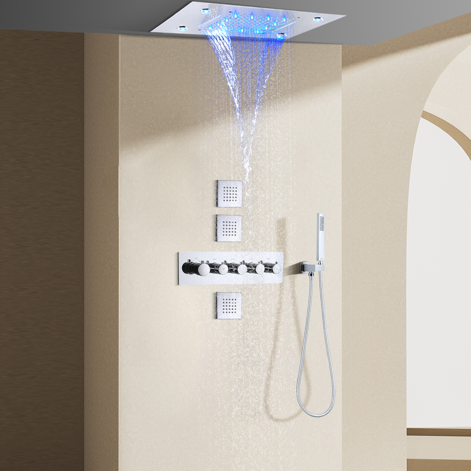 Sistema de chuveiro termostático polido cromado, 14 x 20 tamanhos, banheiro, led, conjunto de chuveiro termostático com jatos corporais
