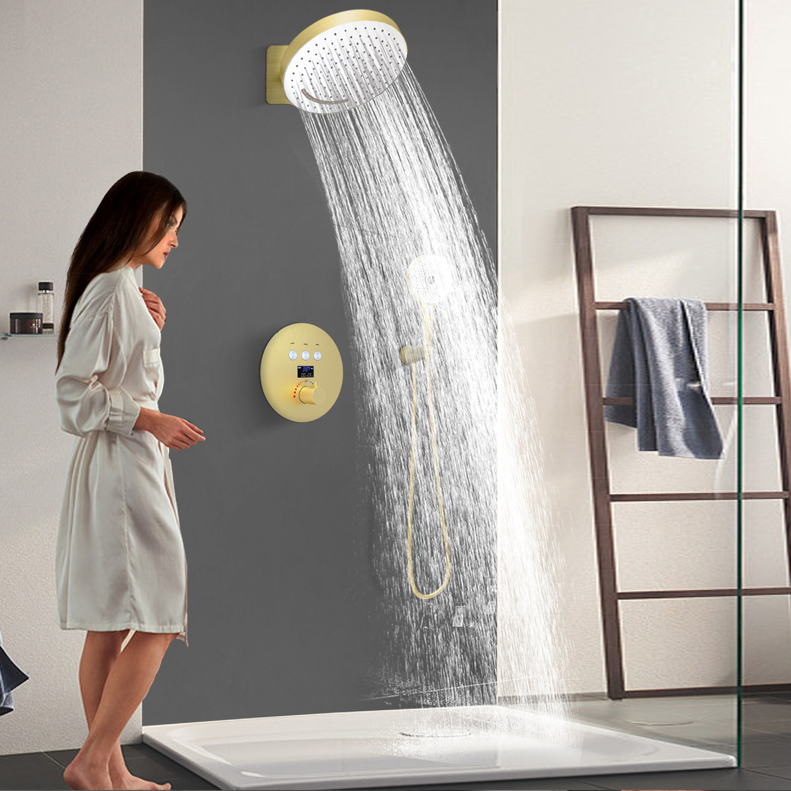 Kit de torneira com display digital com termostato de ouro escovado, conjunto de sistema de jato de massagem para banheira de banheiro