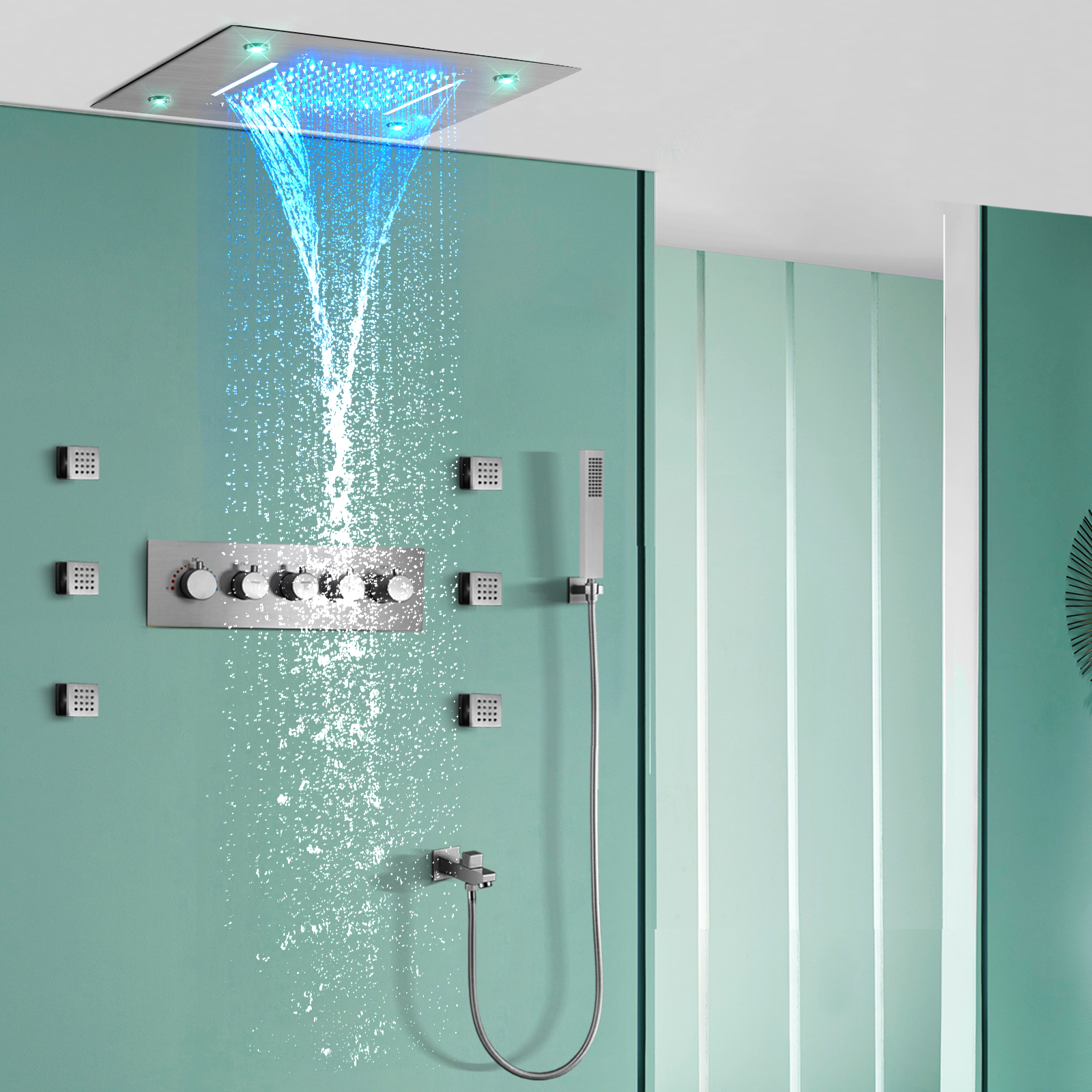 Escovado temperatura constante chuva cachoeira sistema de chuveiro do banheiro controle remoto led escondido escondido bico massagem chuveiro conjunto