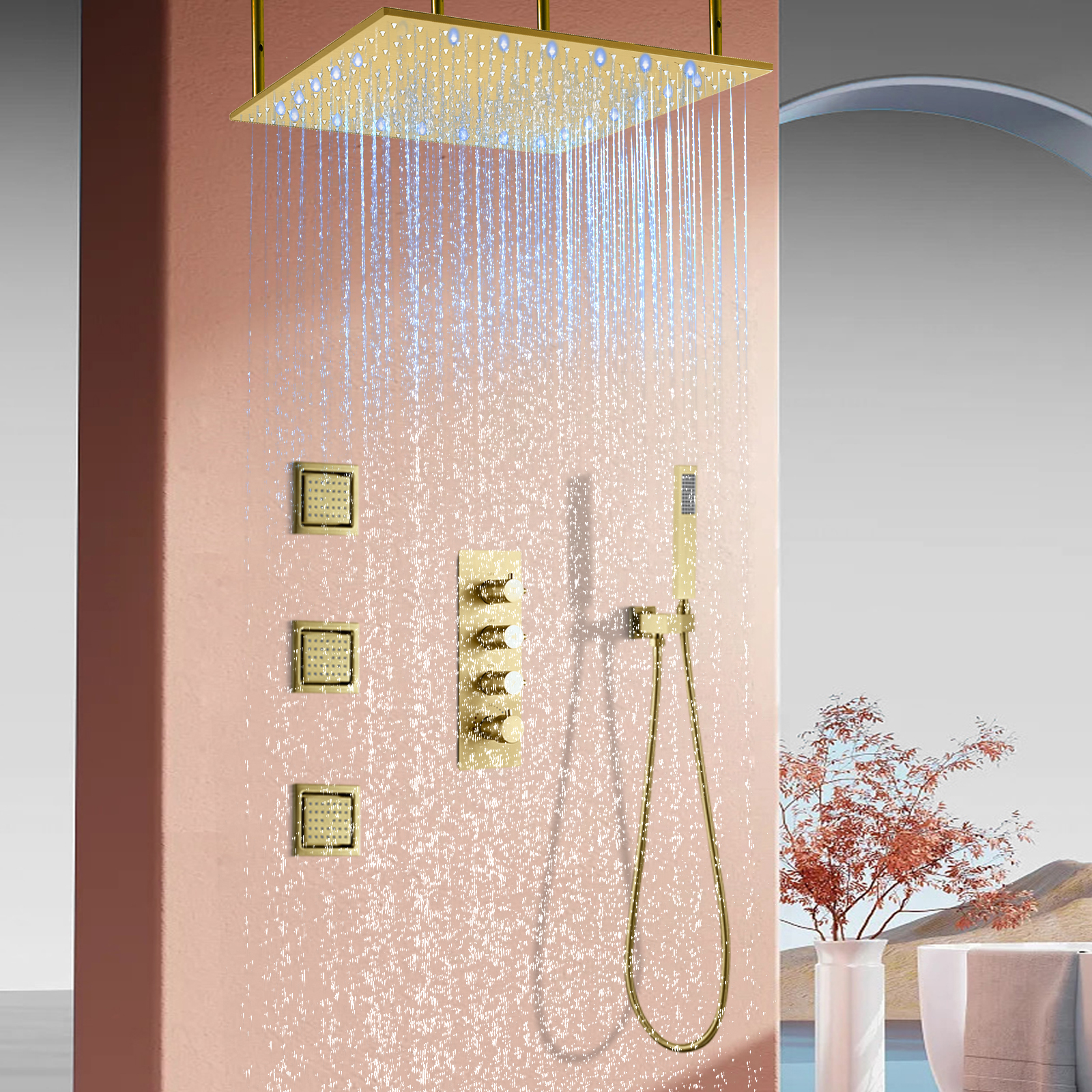Chuveiro montado na parede Banheiro Conjunto misturador de chuveiro oculto dourado com cabeça de chuveiro de chuva