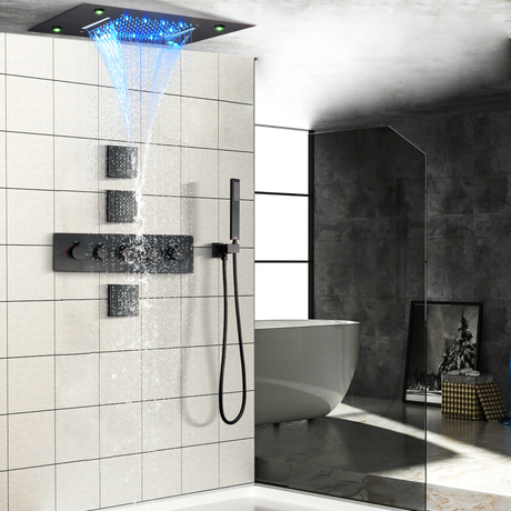 Sistema de chuveiro termostático de bronze friccionado a óleo, 50x36 cm, ledbanheiro, conjunto de chuveiro oculto com spa, cascata, chuva