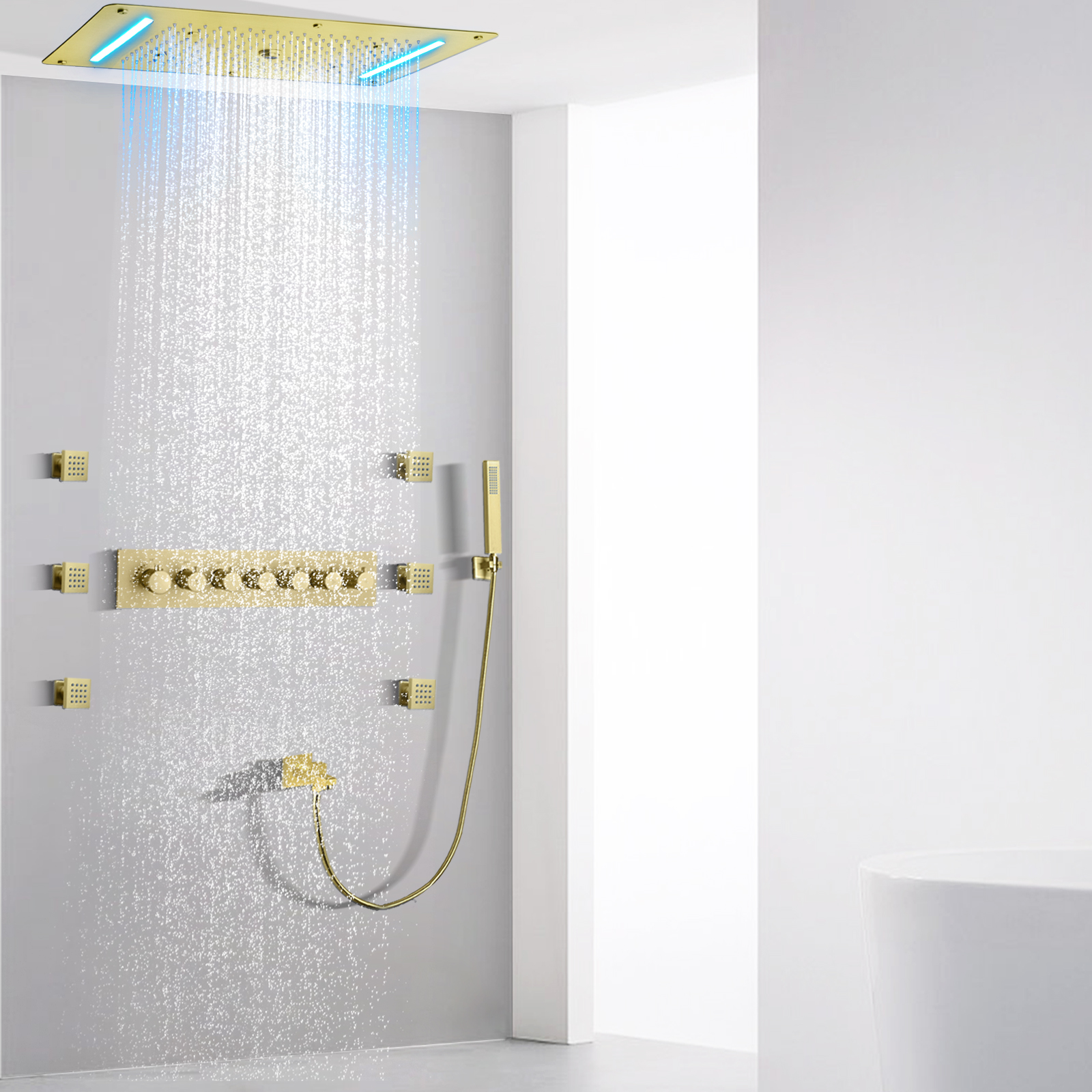 Conjunto misturador de chuveiro com temperatura de ouro escovado, 70x38 cm, led, banheiro, multifuncional, sistema de chuveiro oculto de chuva
