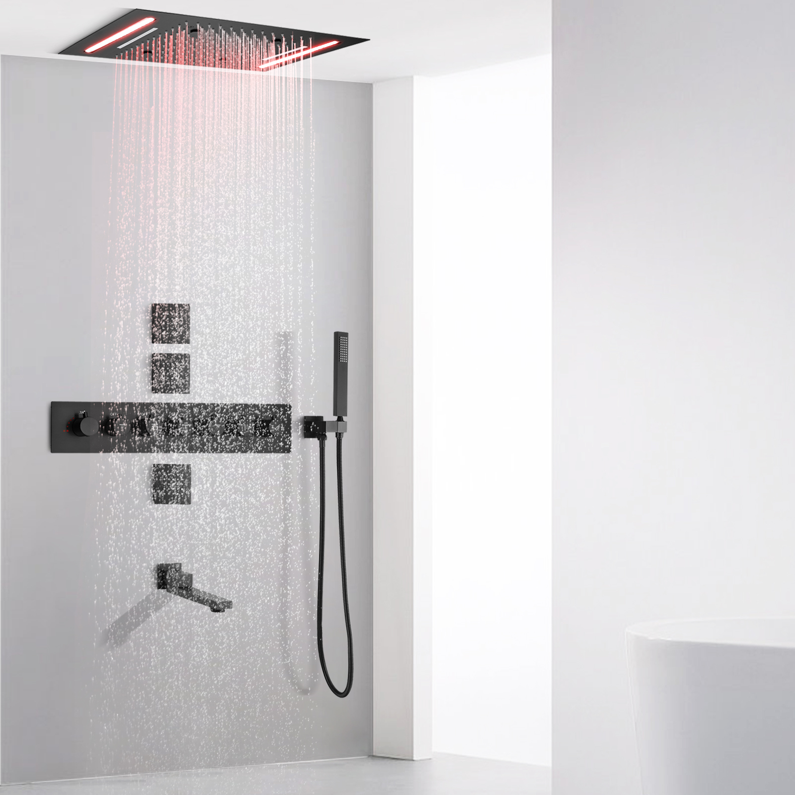 Conjunto misturador de chuveiro preto fosco 50x36 cm com painel de controle led banheiro cachoeira chuvas atomização spa chuveiro