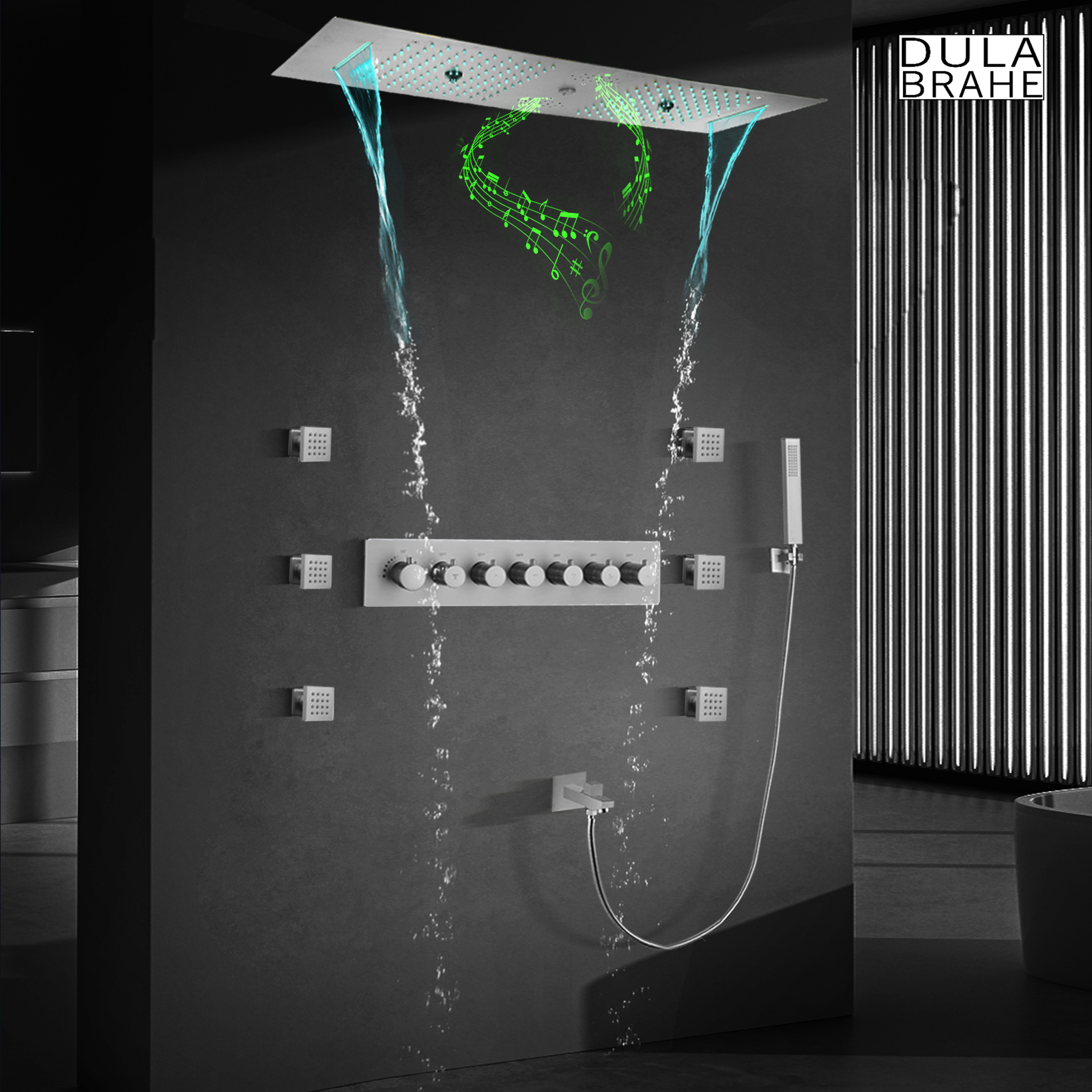 Conjunto de chuveiro LED de chuva estilo contemporâneo em mosaico escovado com cabeça de chuveiro musical