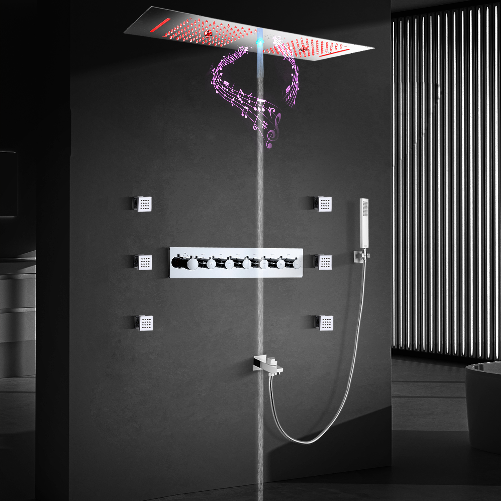 Cabeça de chuveiro espelhada cromada, 900*300 led, com alto-falante musical, chuveiro duplo, teto embutido, banheiro, conjunto de torneira termostática