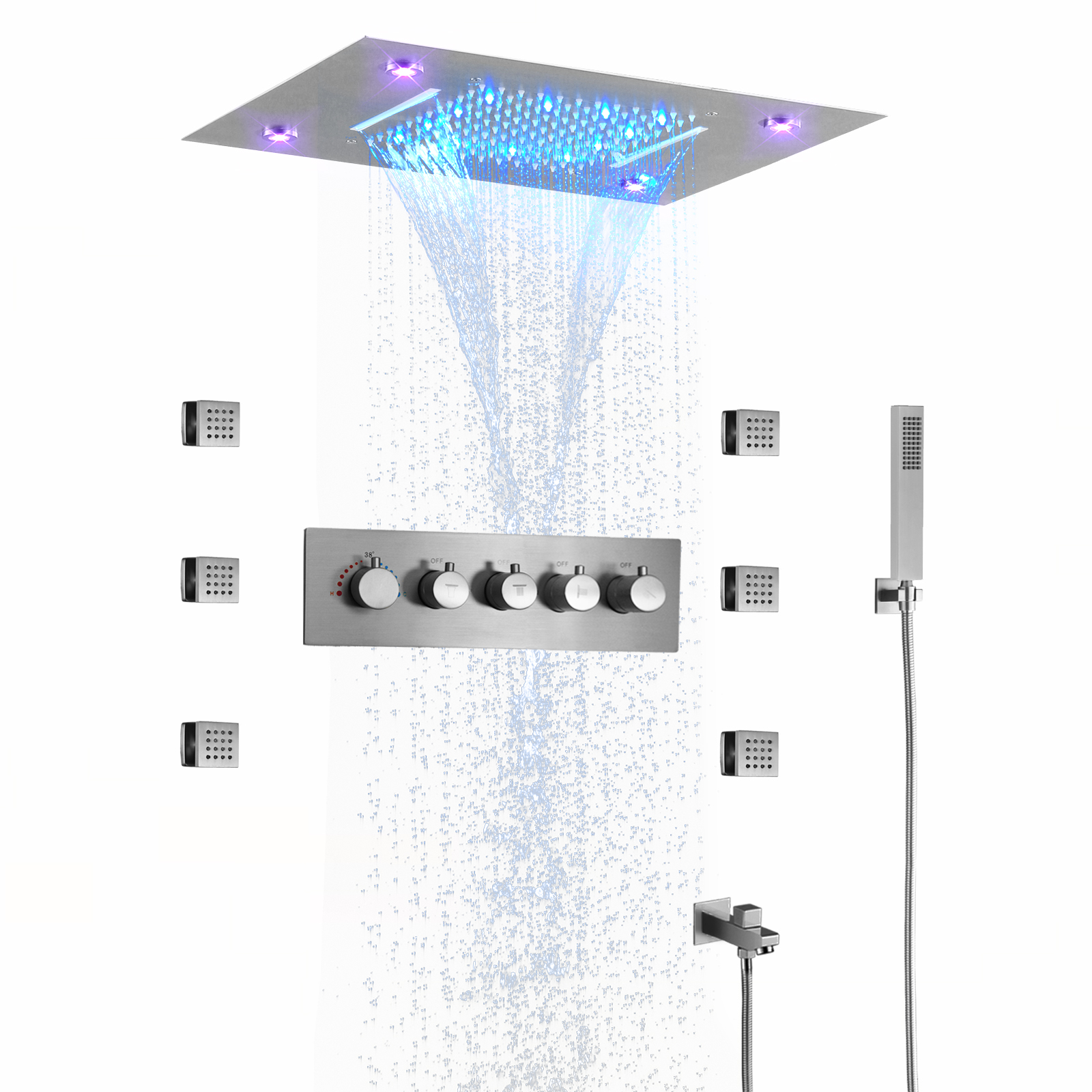 Escovado temperatura constante chuva cachoeira sistema de chuveiro do banheiro controle remoto led escondido escondido bico massagem chuveiro conjunto