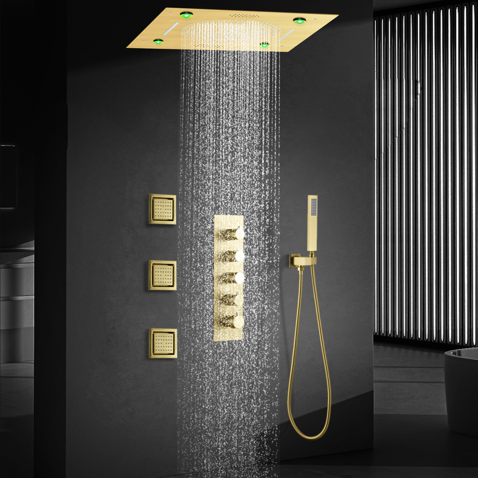 Luxo escovado ouro musical conjunto de chuveiro torneira do banheiro temperatura constante floresta tropical sistema chuveiro cachoeira