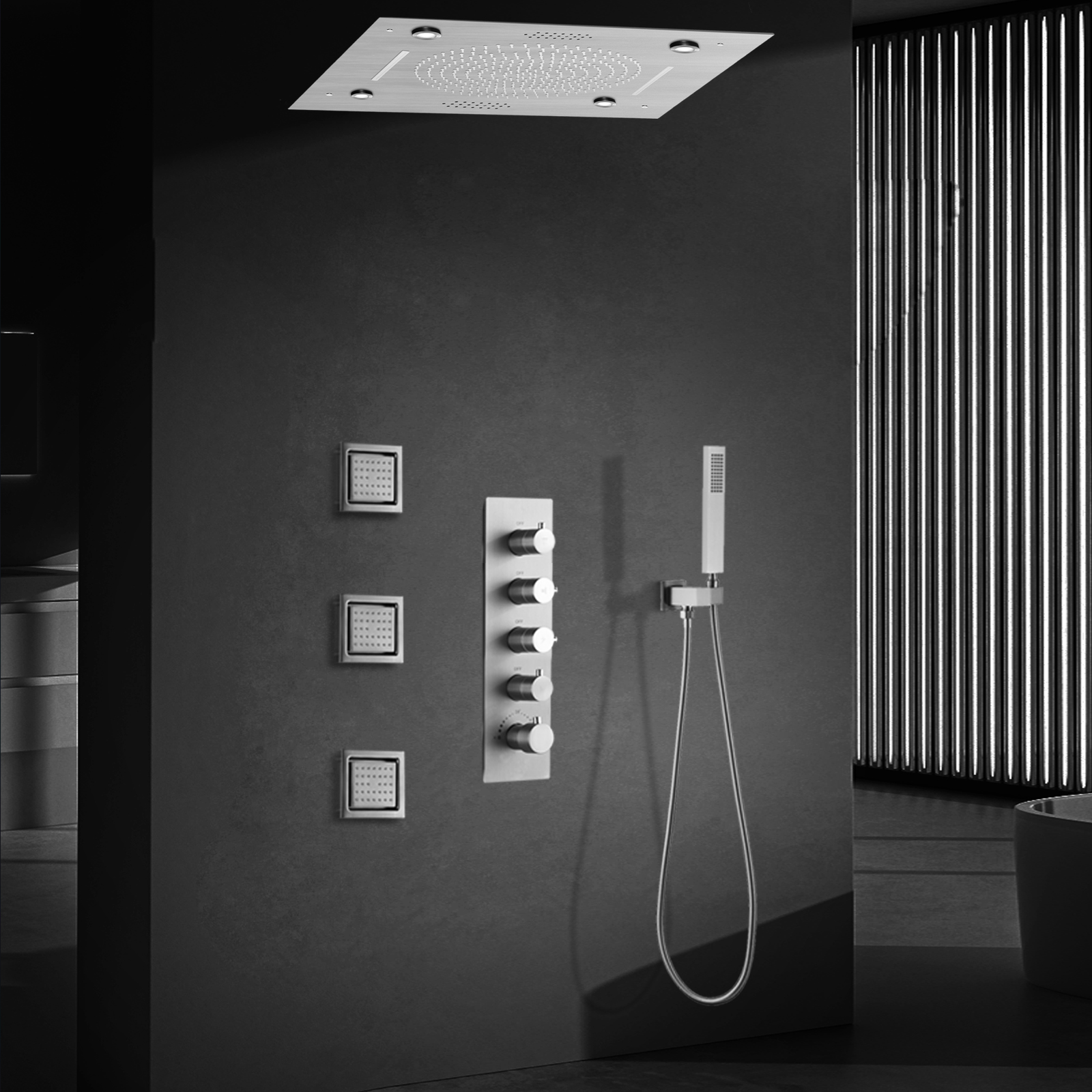 Conjunto de chuveiro termostático escovado, torneira de cobre, bico de massagem oculto para banheiro