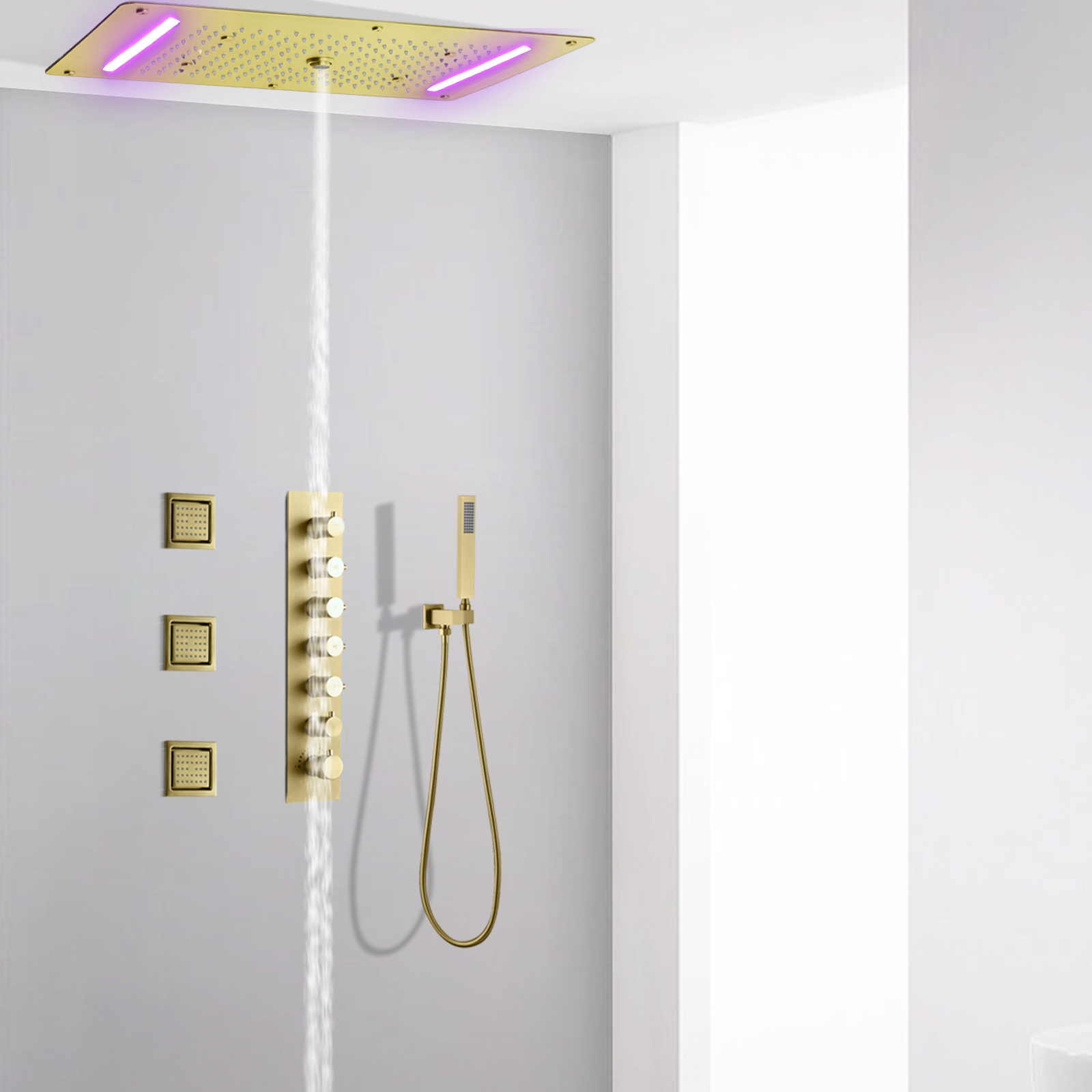 Luxo escovado ouro banheiro escondido sistema de chuveiro led cachoeira chuva torneira do chuveiro spray coluna massagem conjunto