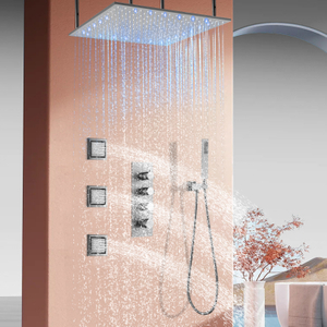 Torneira de chuveiro de chuva escovada, 50x50cm, preto, dourado, montado na parede, conjunto de chuveiro de três funções com spray lateral, cabeça de chuveiro de massagem
