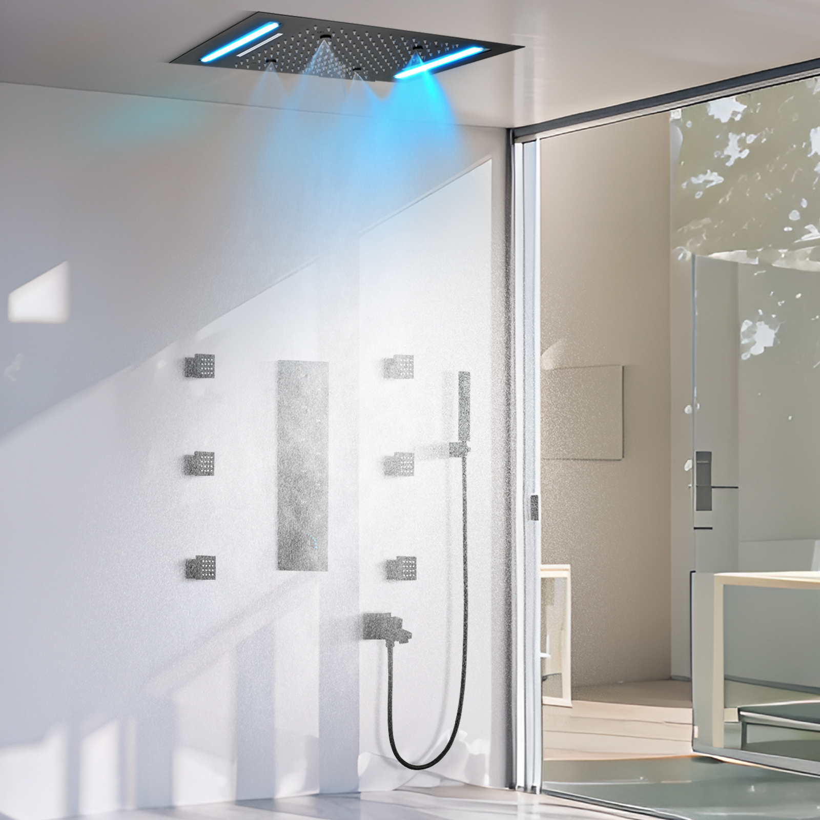 Sistema de chuveiro montado no teto, conjunto de chuveiro misto de água de chuva do banheiro, bocal de chuveiro de água de chuva preto quadrado moderno portátil