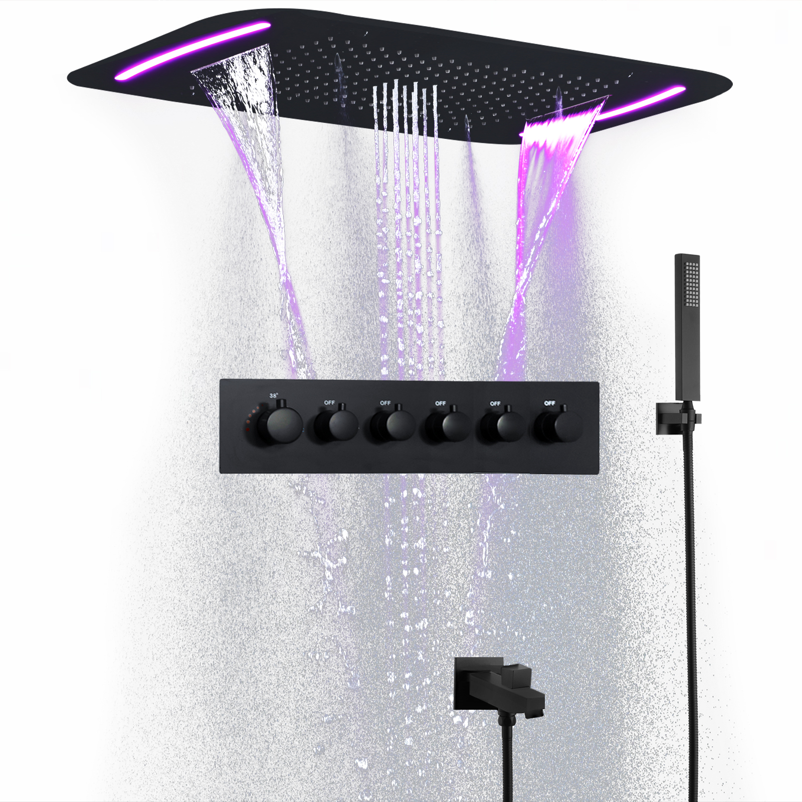Conjunto de sistema de chuveiro LED preto de 71x43cm com teto grande massagem temperatura constante cachoeira cabeça de chuveiro de água de chuva torneira misturadora