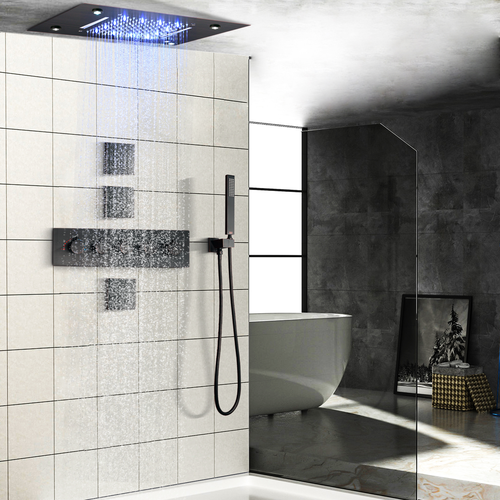 Sistema de chuveiro termostático de bronze friccionado a óleo, 50x36 cm, ledbanheiro, conjunto de chuveiro oculto com spa, cascata, chuva