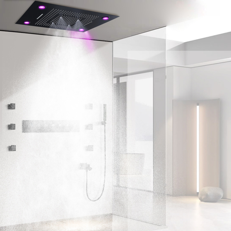 Cabeça de chuveiro preta 800*600MM LED Sistema de chuveiro multifuncional termostático para banheiro com jatos corporais de chuveiro