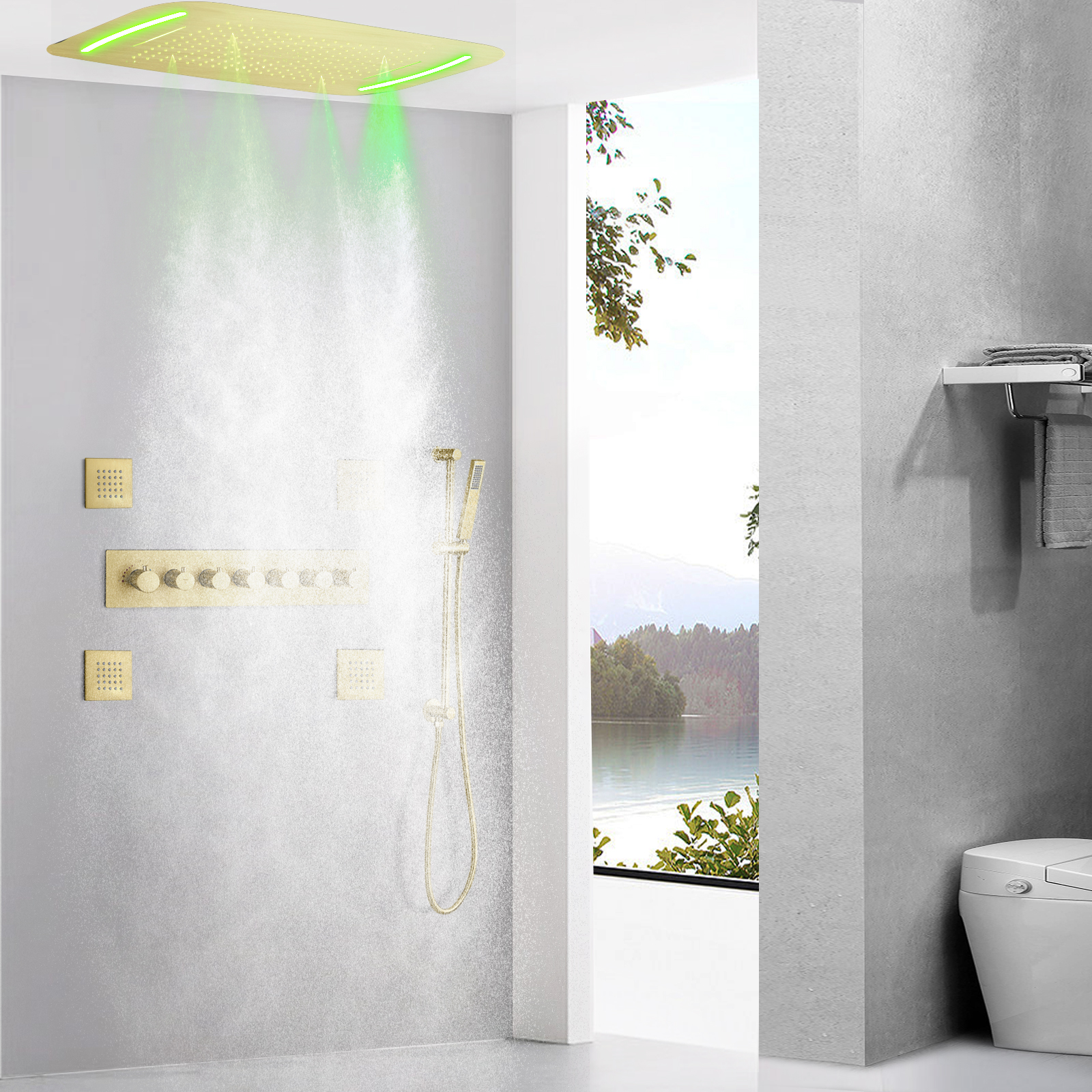 Luxo escovado ouro termostática misturador do chuveiro 710x430mm led banheiro cachoeira escondida cabeça de chuveiro massagem spa