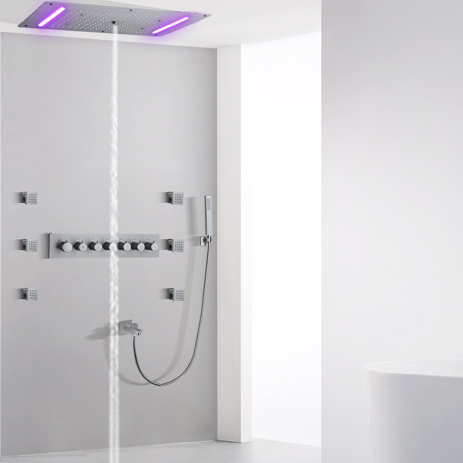 Conjunto de torneira termostática de níquel escovado, 70x38 cm, led, banheiro, chuva, cascata, atomização, bolha, massagem, chuveiro