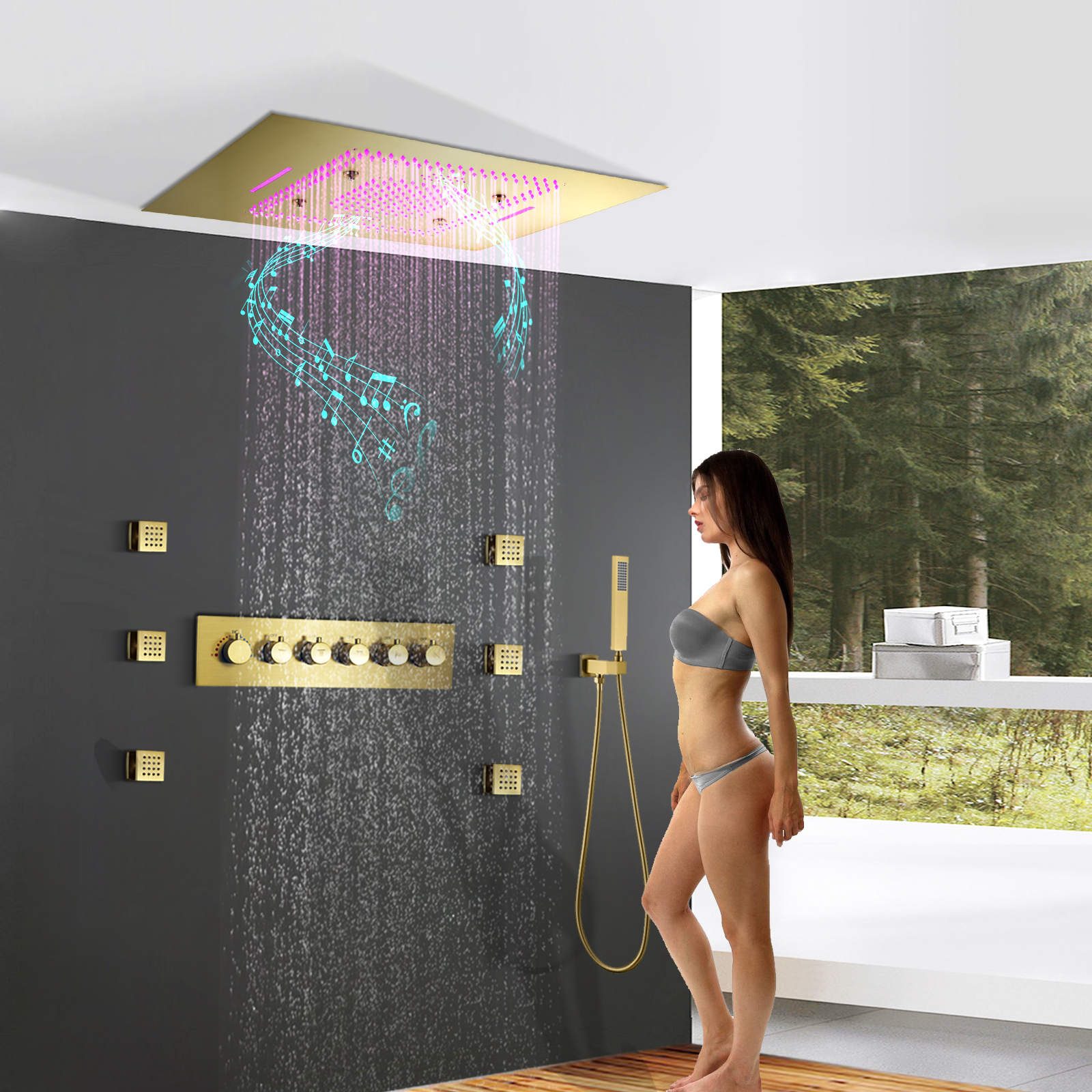 Sistema de chuveiro de banheiro de luxo 24*32 Polegada cabeça de chuveiro led com alto-falante música névoa chuva e cachoeira conjunto de chuveiro termostático