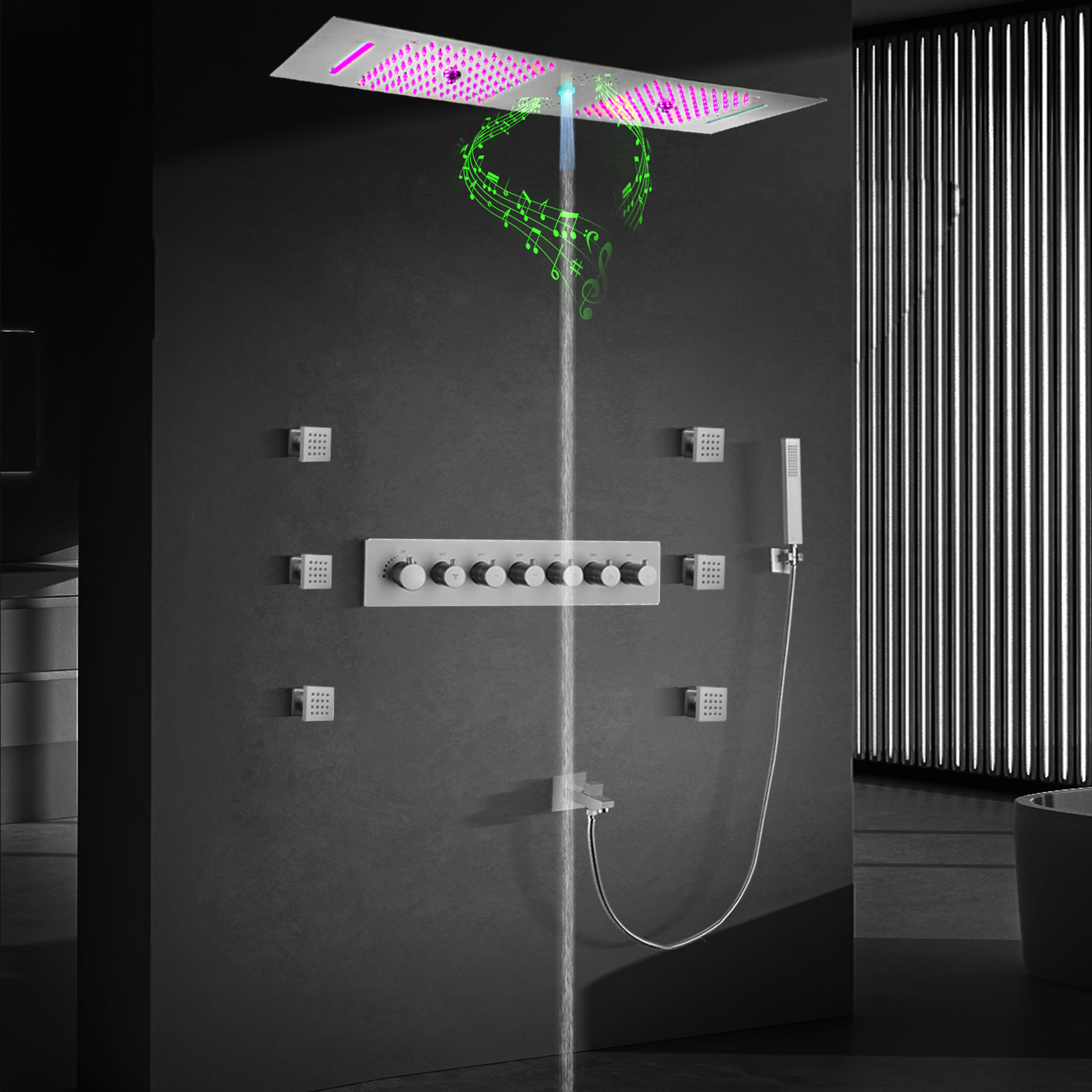 Conjunto de chuveiro LED de chuva estilo contemporâneo em mosaico escovado com cabeça de chuveiro musical