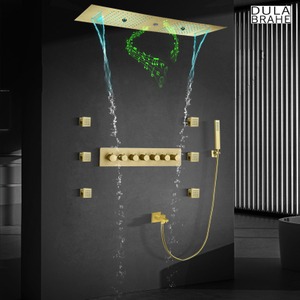 Cabeça de chuveiro led dourada escovada, com alto-falante musical, chuveiro duplo, teto embutido, banheiro, conjunto de torneira termostática