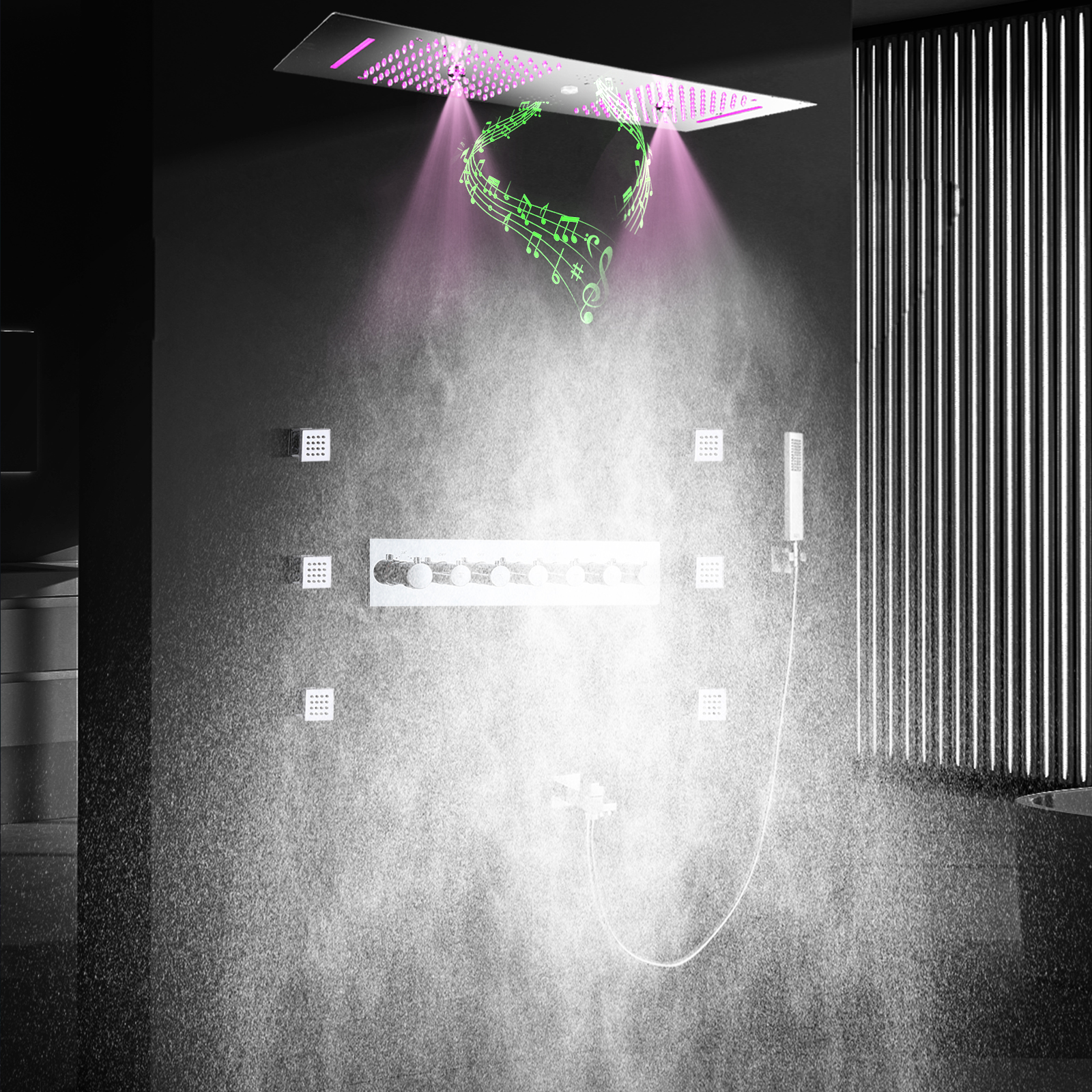 Cabeça de chuveiro espelhada cromada, 900*300 led, com alto-falante musical, chuveiro duplo, teto embutido, banheiro, conjunto de torneira termostática
