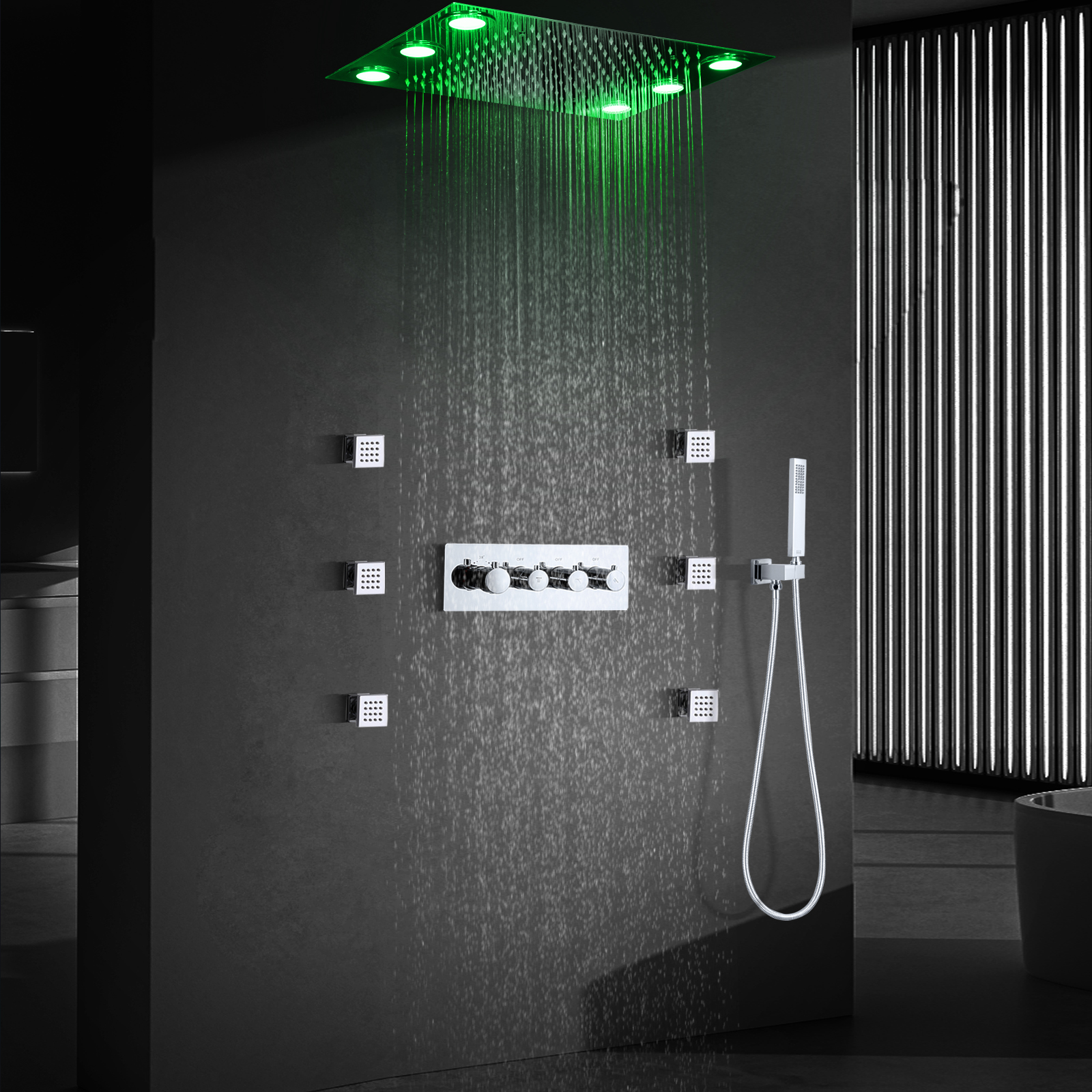 Chuveiro de banheiro de latão, torneira de chuveiro LED cromada, termostato oculto, conjunto de chuveiro de banheira