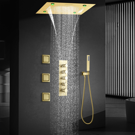 Luxo escovado ouro musical conjunto de chuveiro torneira do banheiro temperatura constante floresta tropical sistema chuveiro cachoeira