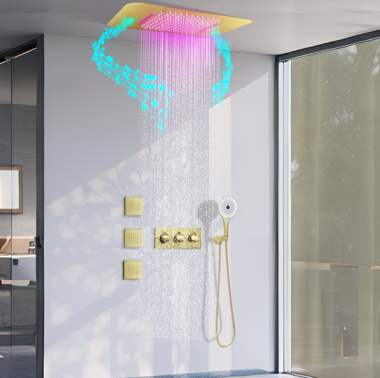 Teto moderno banheiro led música chuva jet kit sistema escondido temperatura constante chuveiro torneira de água sistema jet kit