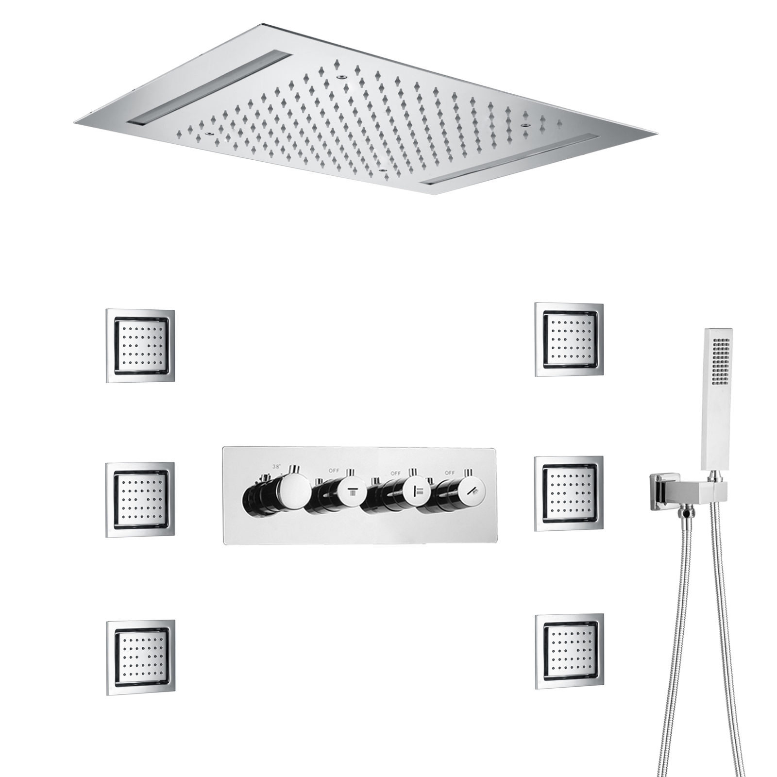 Instalação de teto cromado 50x36cm LED Válvula de aquecimento quadrada Sistema de torneira de água de chuveiro de chuva