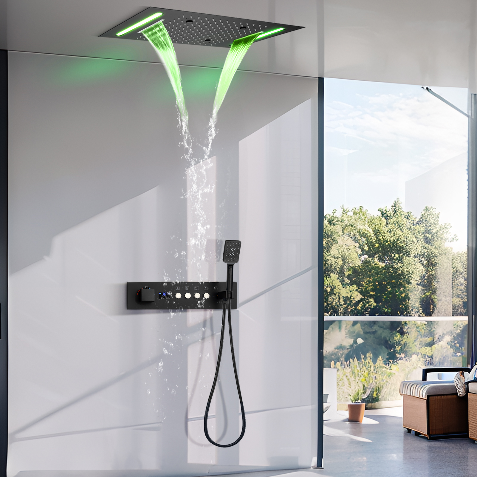 Tela de exibição led preta fosca, conjunto digital de torneira de chuveiro de temperatura constante, sistema de massagem de chuveiro de água de chuva de 4 funções