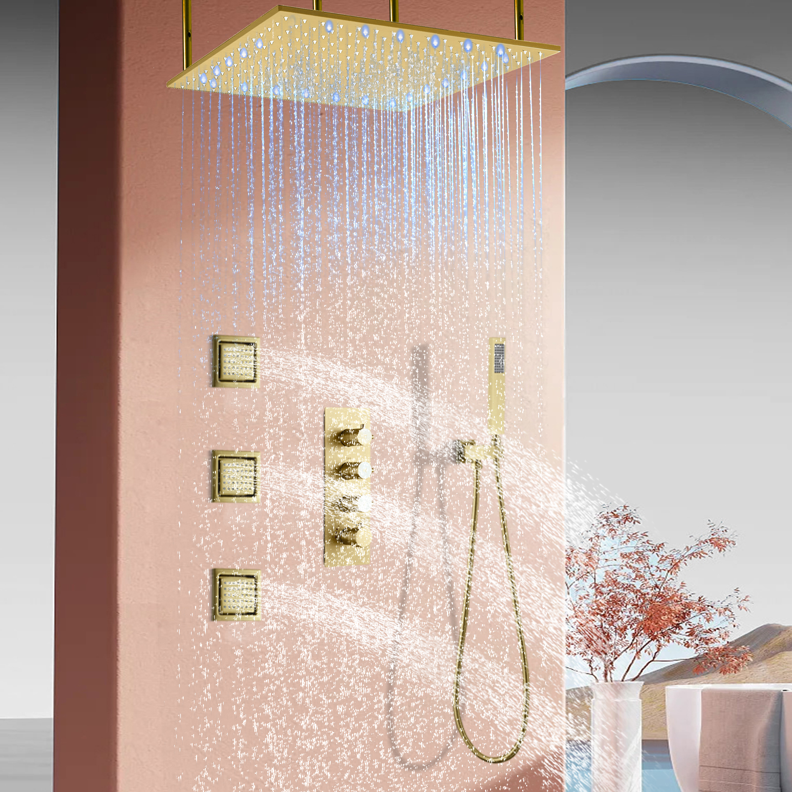 Chuveiro montado na parede Banheiro Conjunto misturador de chuveiro oculto dourado com cabeça de chuveiro de chuva