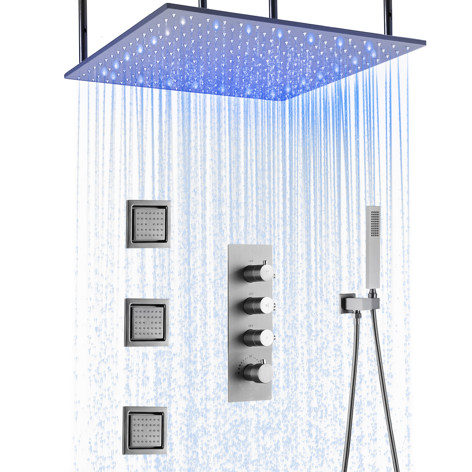 Torneira de chuveiro de chuva escovada, 50x50cm, preto, dourado, montado na parede, conjunto de chuveiro de três funções com spray lateral, cabeça de chuveiro de massagem