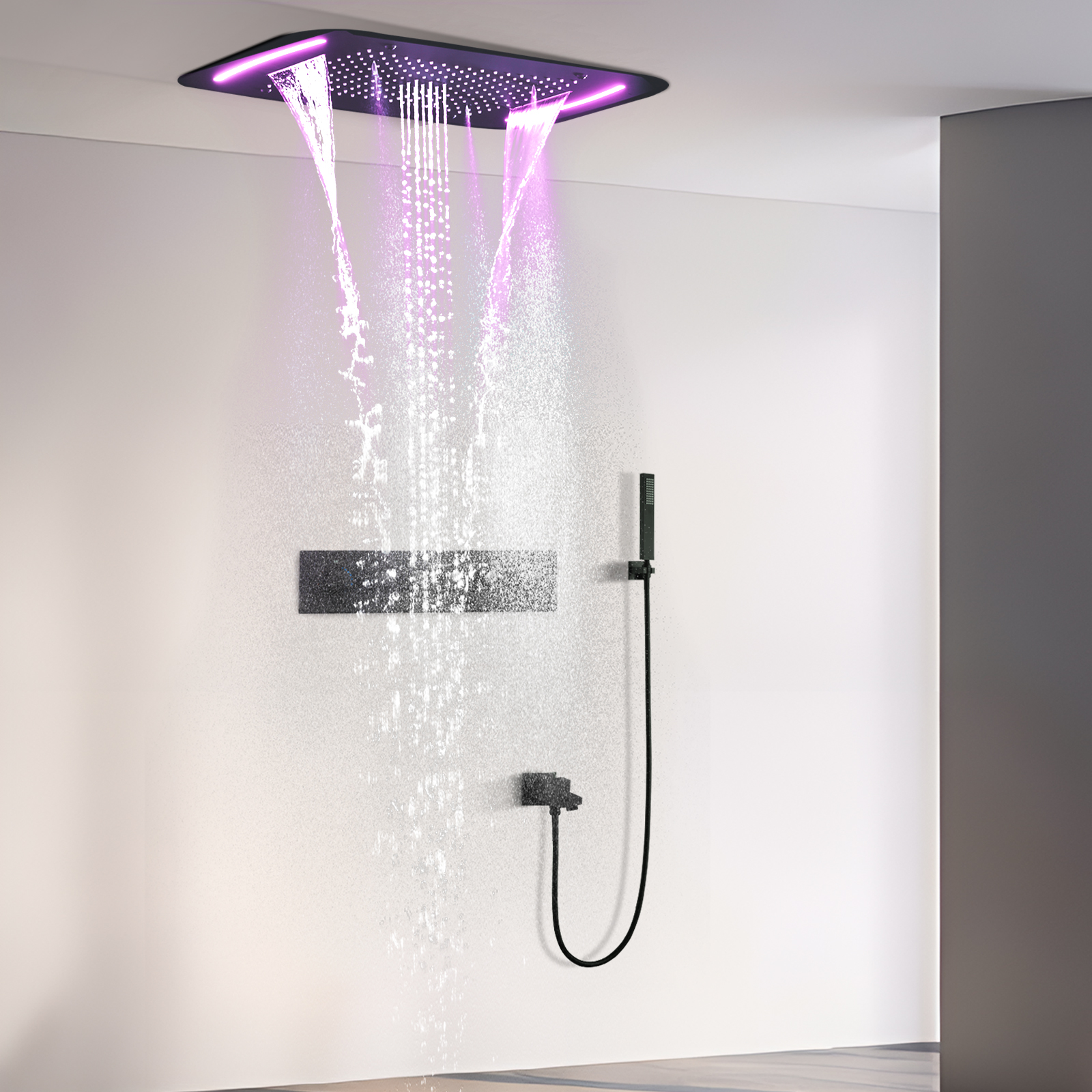 Conjunto de sistema de chuveiro LED preto de 71x43cm com teto grande massagem temperatura constante cachoeira cabeça de chuveiro de água de chuva torneira misturadora