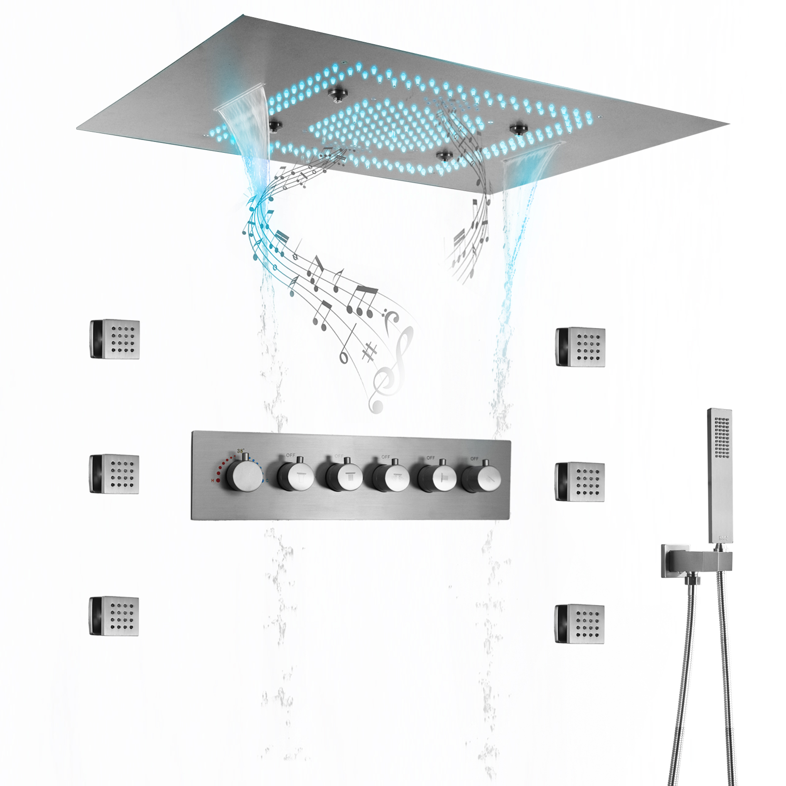 Cabeça de chuveiro led embutida no teto, 600*800mm, com alto-falantes de música, corpo principal termostático, torneira do chuveiro do banheiro